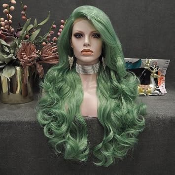 IMSTYLE Green Cosplay Lace Front Wig Long Wavy Synthetic Wigs Heat Resistant Free Part 26 Inch Lace Front Synthetic Wig