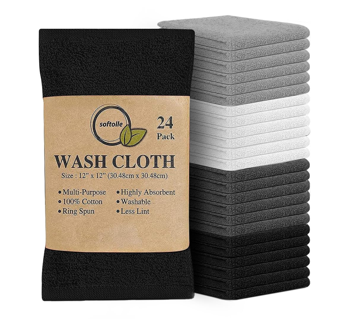 Softolle 100% Cotton Ring Spun Wash Cloths – Bulk Pack of Washcloths – 12x12 Inches – Wash Cloth for Face, Highly Absorbent, Soft and Face Towels (White/L.Grey/D.Grey/Black, 24 Pack)