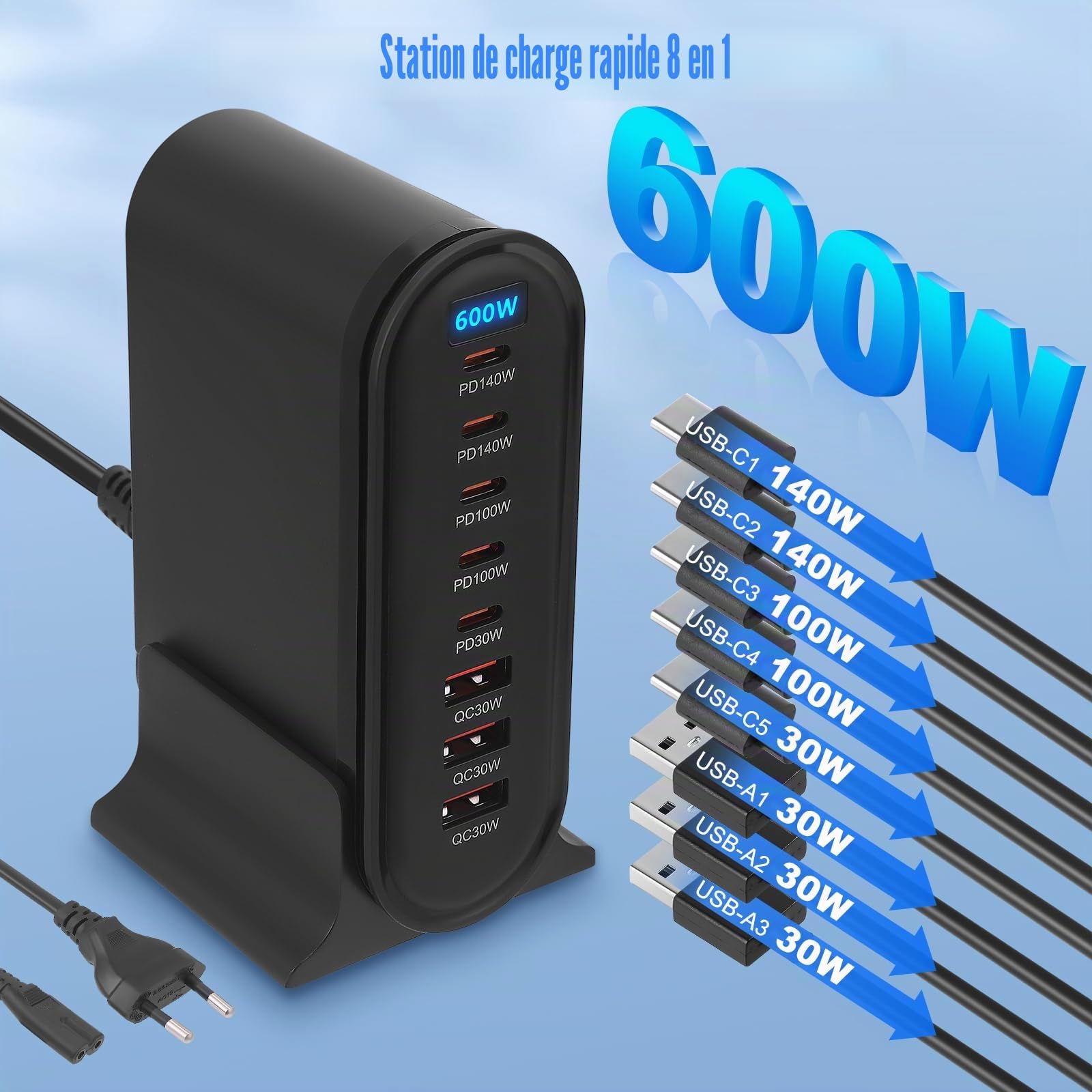 600W Chargeur USB C Multiple, 8 Ports Chargeur Rapide GaN Multiprise QC+PD, Chargeur Rapide Prise Station de Charge Compatible avec Laptop Phone