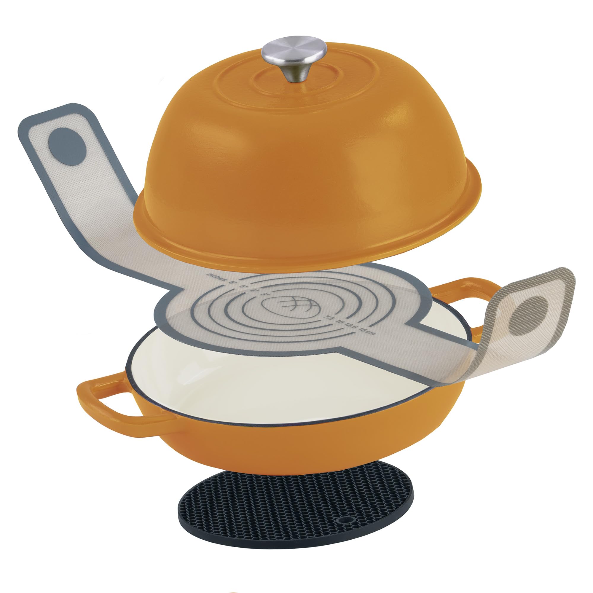 Mahlzeit Gusseisen Brottopf Set emailliert | 6,4 Liter | Sunny Orange | Brotbackform mit Brotschlinge und Untersetzer, Brotbackset, Gusseisentopf, Brotform, Brotbackform mit Deckel, Emaille Schmortopf