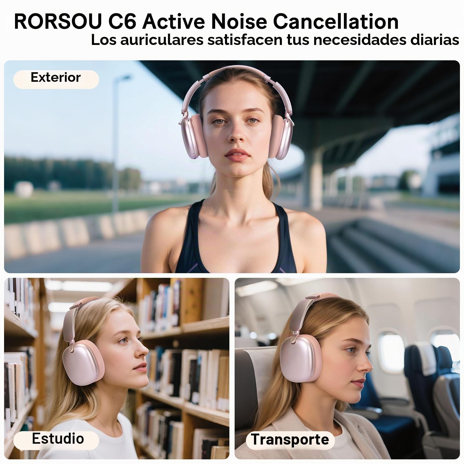 Auriculares C6 con Cancelación Activa de Ruido, Auriculares Bluetooth Over-Ear Inalámbricos, Diseño Ligero y Plegable con Copas Profundas para Bass Potente y Ajuste Cómodo, Color Rose or
