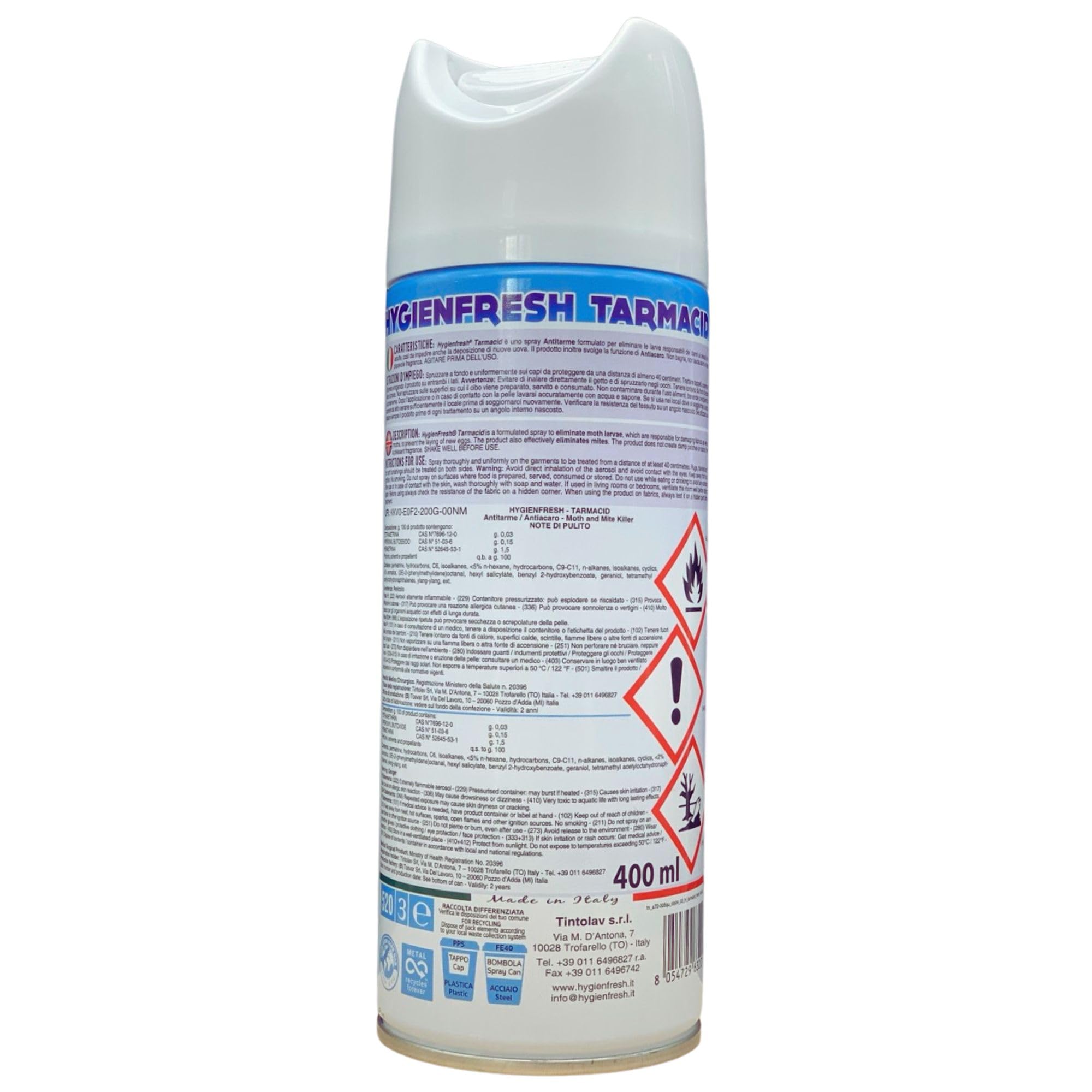 Profumo Deodorante Spray TARMACID Antitarme - Antiacaro. Per Tessuti, Ambienti, Guardaroba, Cassetti Etc. Non Bagna, Non Lascia Aloni 400ml (2 Spray)