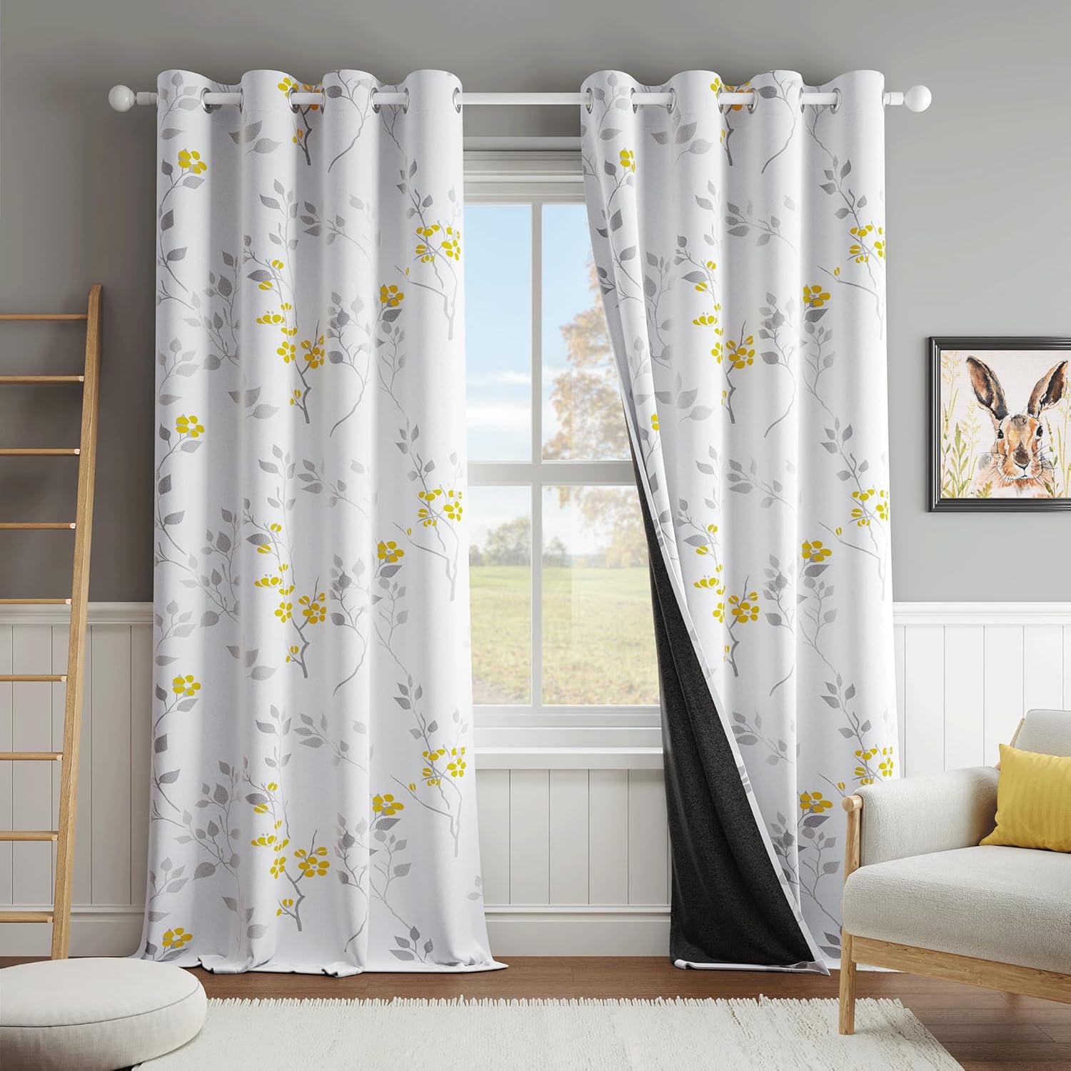 Beauoop Cortinas opacas florales amarillas y grises para sala de estar, dormitorio, 228 cm, con estampado de hojas caídas, con ojales, aislamiento térmico botánico, reducción de ruido, juego de 2