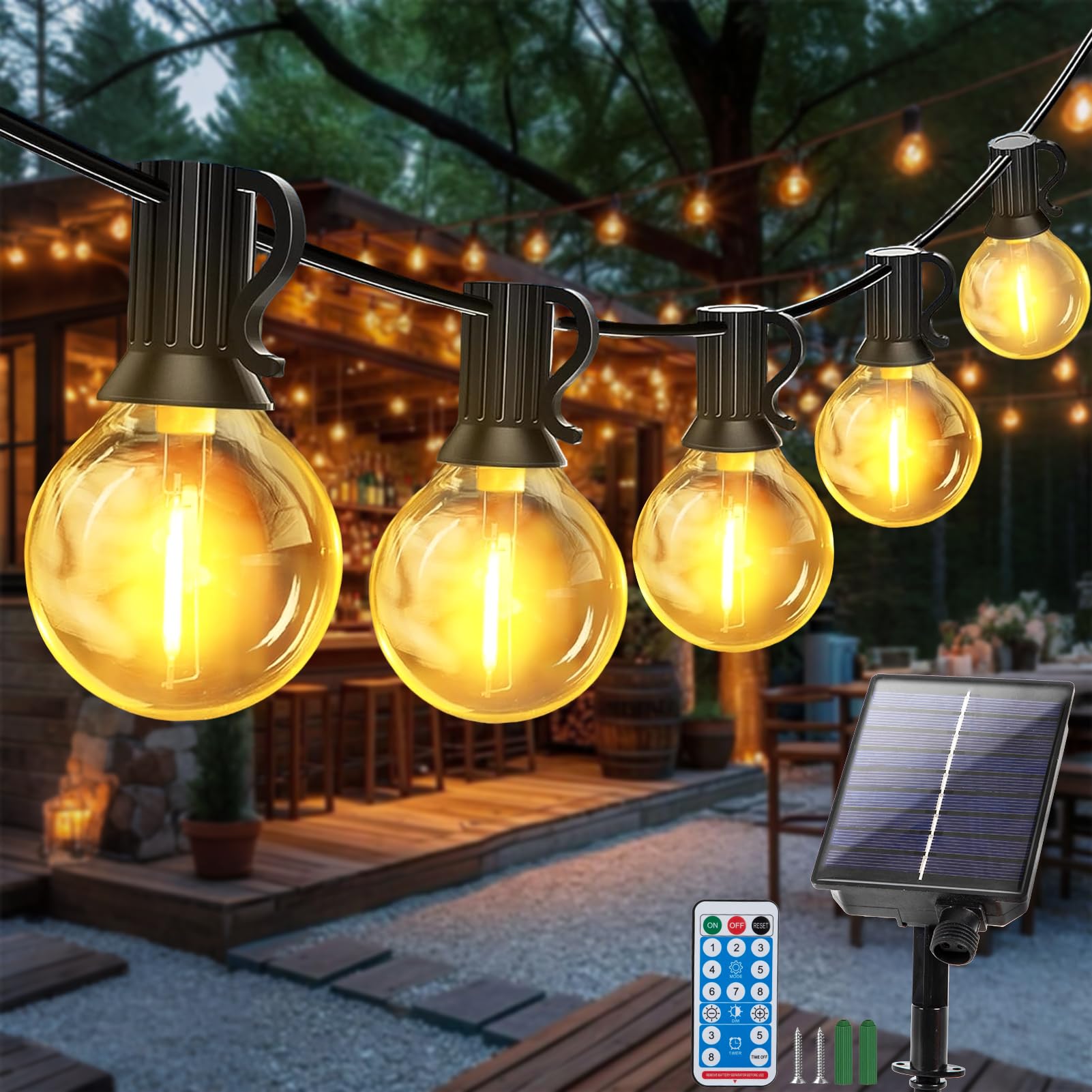 LED Lichterkette Aussen Solar, 10M Lichterketten 25 +2 G40 Glühbirnen Garten Beleuchtung mit Fernbedienung Timer Auto Ein/Aus Wasserdicht Lichterketten für Terrasse Hochzeit Balkon