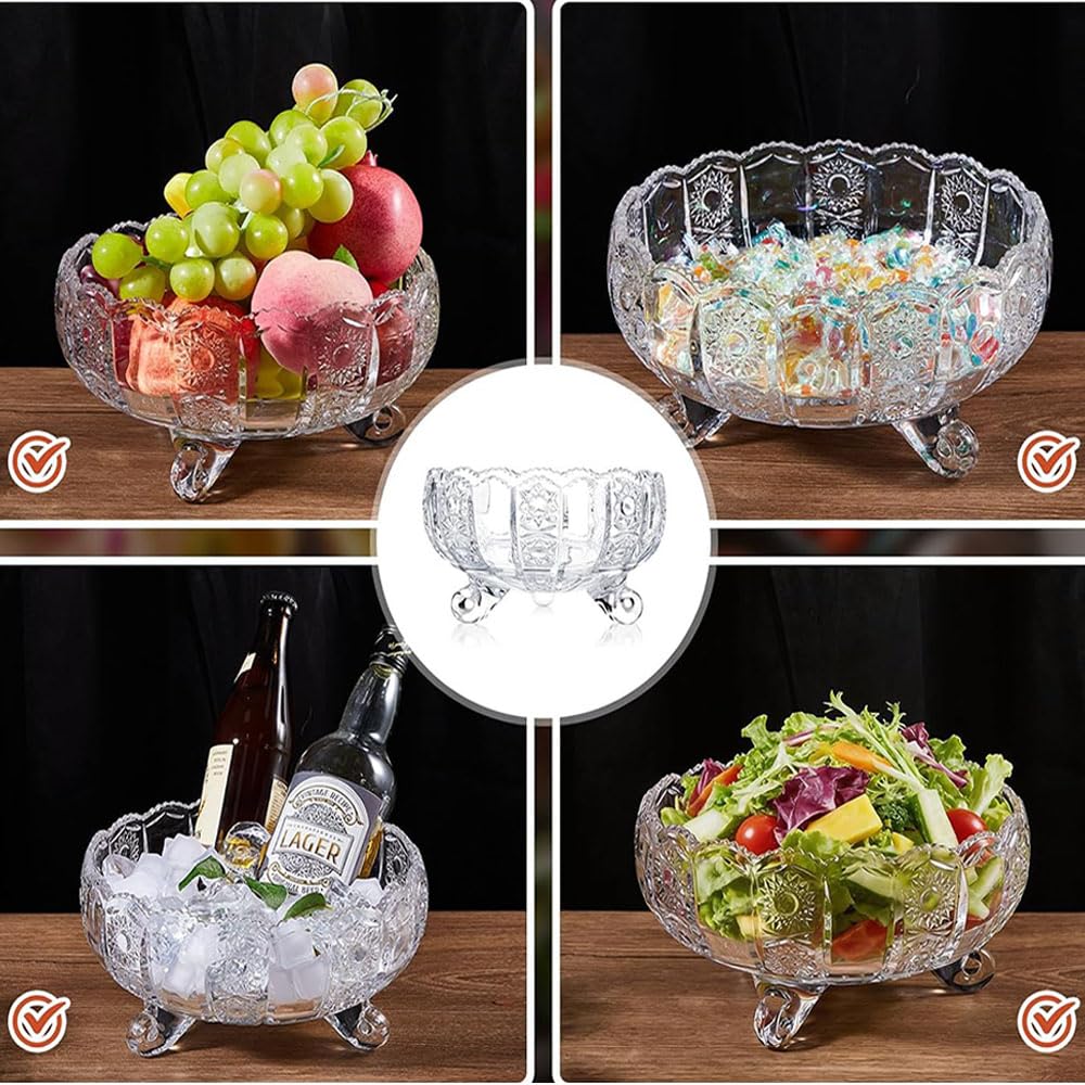 Vintage-Bowleschale aus Kristallglas mit Reliefdekor und 4 Tassen, Bowleschale mit Schwerem Boden (3800 ml), Bruchsicheres Klarglas, für Sangria, Cocktails, Eistee und Obstsalat
