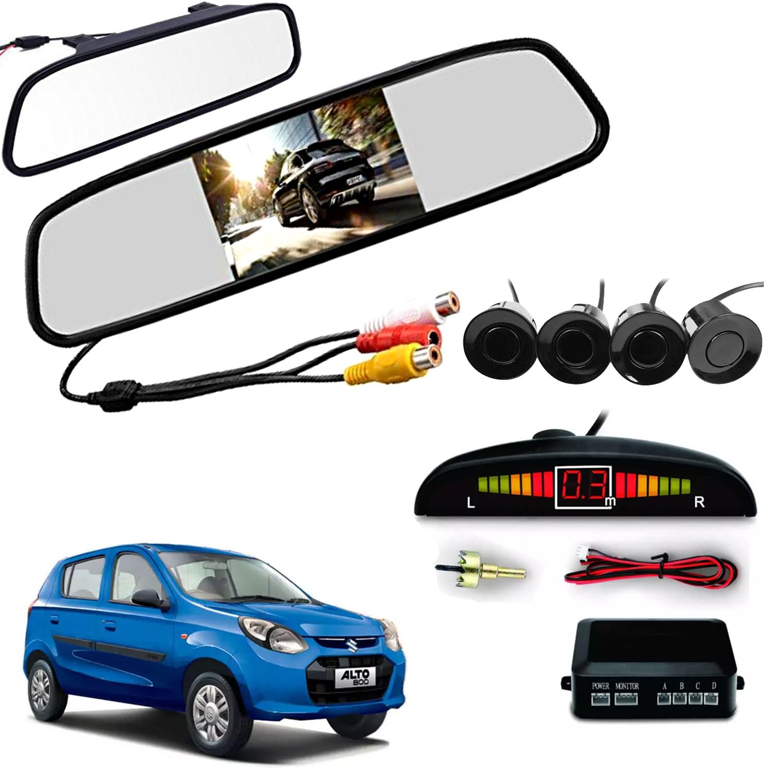 Auto Pearl 4.3 Inch TFT LCD Rearview Mirror Parking Video System with 16.5 MM for Reverse HD Camera, 4 Black Parking Sensors Compatible with Alto-800 2012-2016-image-9