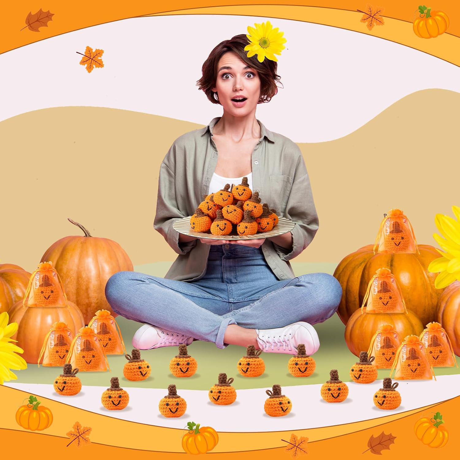 Shappy 50 Sets Fall Pumpkins Bulk Smily Artificial Crochet Pumpkins Keychains with Positive Greeting Cards Organza Bags Small Novelty Thanksgiving Harvest Party Favors Home Table Decor