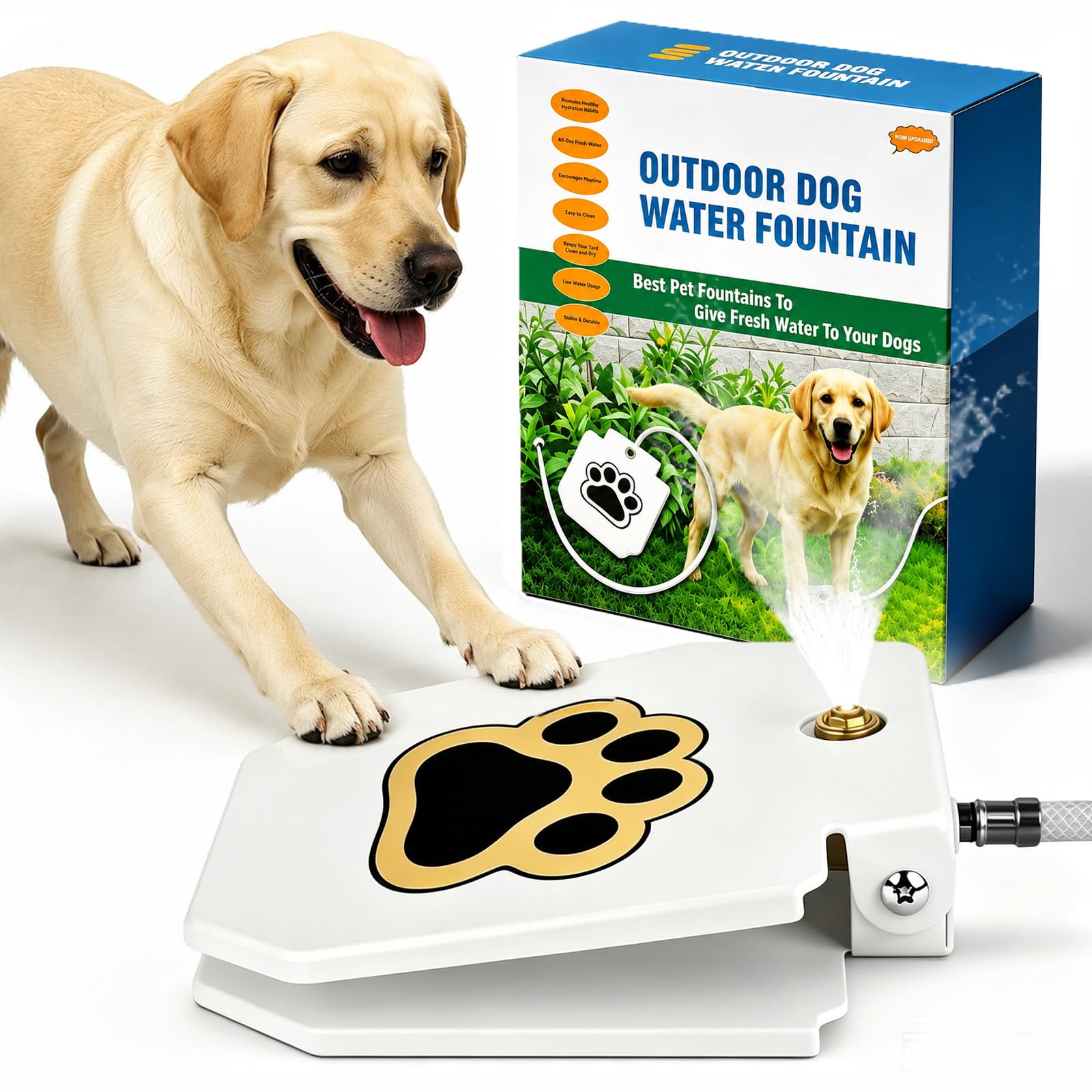 Fuente De Agua Exterior para Perros con Pedal, Aspersor Activado por Pata para Razas Grandes, Bebedero Resistente con Válvula De Latón Y Manguera Antimordidas (White)
