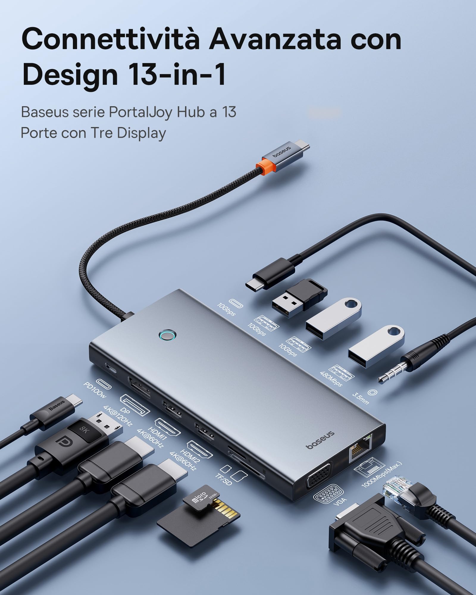 Baseus Docking Station usb C per 3 Monitor, 13-in-1 Hub USB C con 2 HDMI 4K@60Hz, DisplayPort 4K@120Hz, VGA, Port Dati 3.1 10Gbps, PD 100W ed Ethernet, Compatibile con Dell/HP/Lenovo/Surface