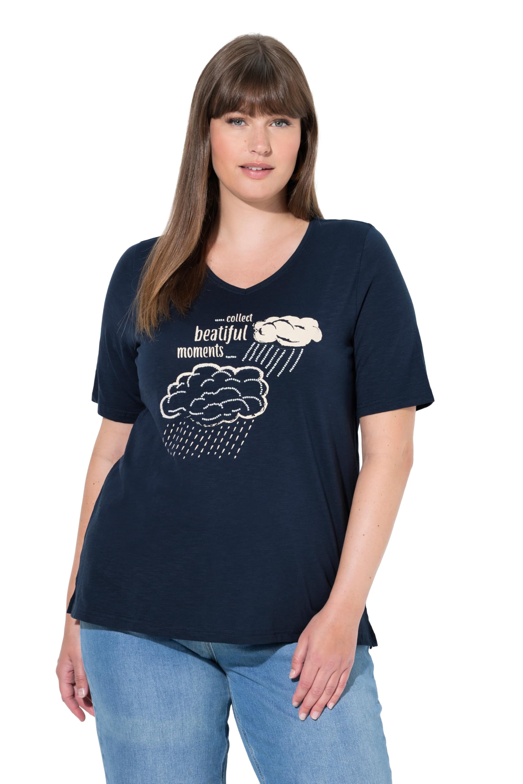 Ulla Popken Damen große Größen Übergrößen Plus Size T-Shirt, Zierperlen, Rundhals, Halbarm, Biobaumwolle 845685
