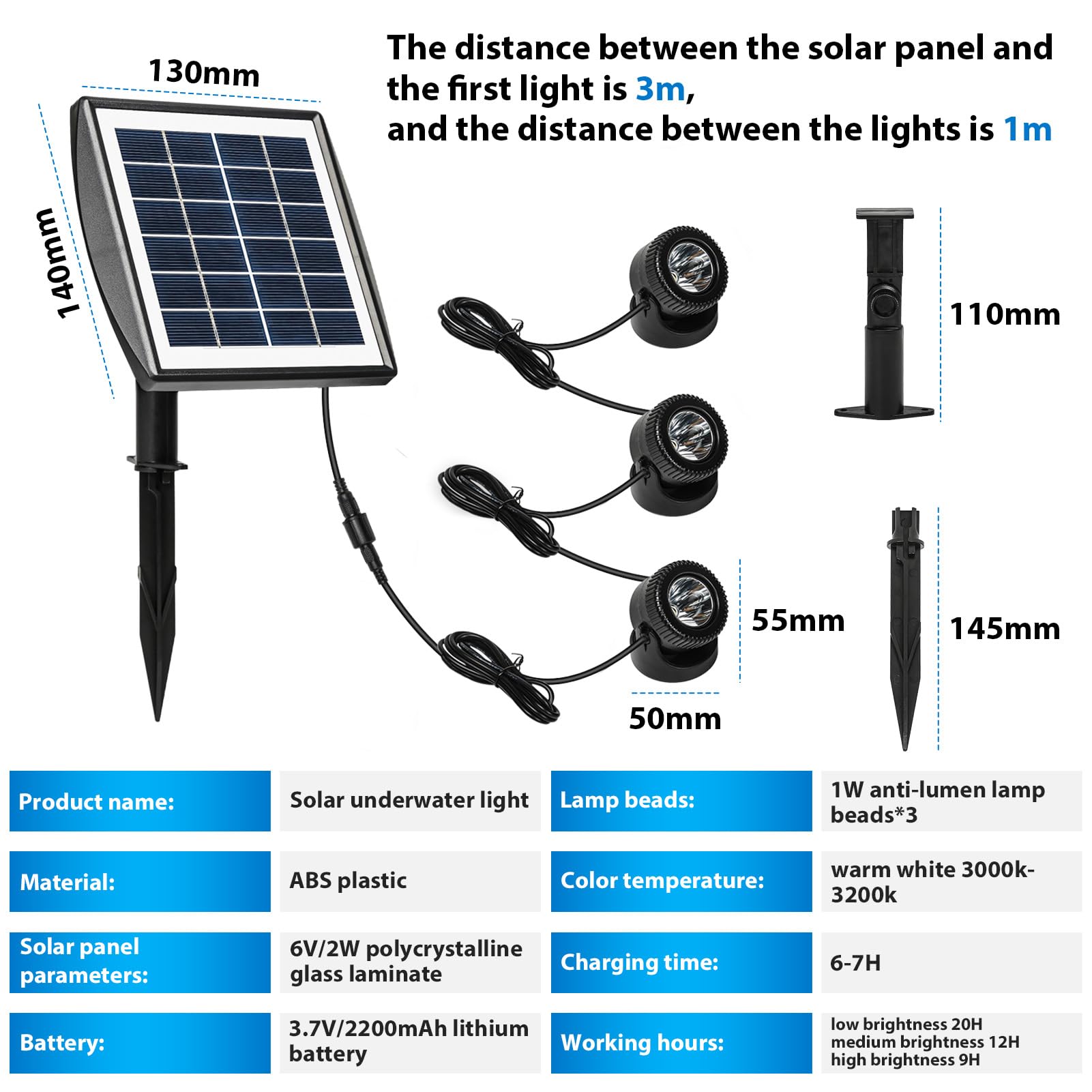 Luci solari per laghetto, luce sommergibile per laghetto, faretto subacqueo solare IP68, luce paesaggistica per laghetto, 3 modalità per giardino esterno prato