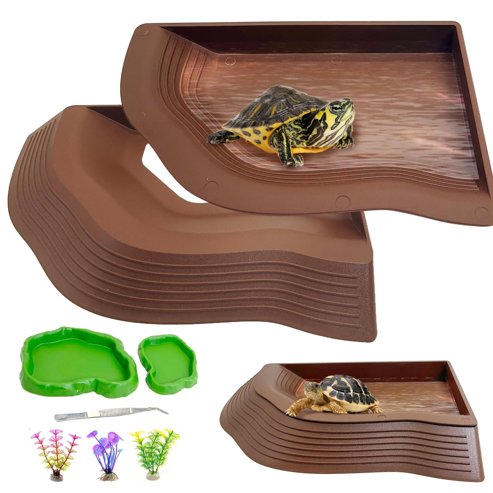 Piscina da bagno per rettili 2 in 1 con rampa grande ciotola per l'alimentazione delle tartarughe con gradini piatti in plastica per cibo e acqua per rettili 7 pezzi accessori decorativi per