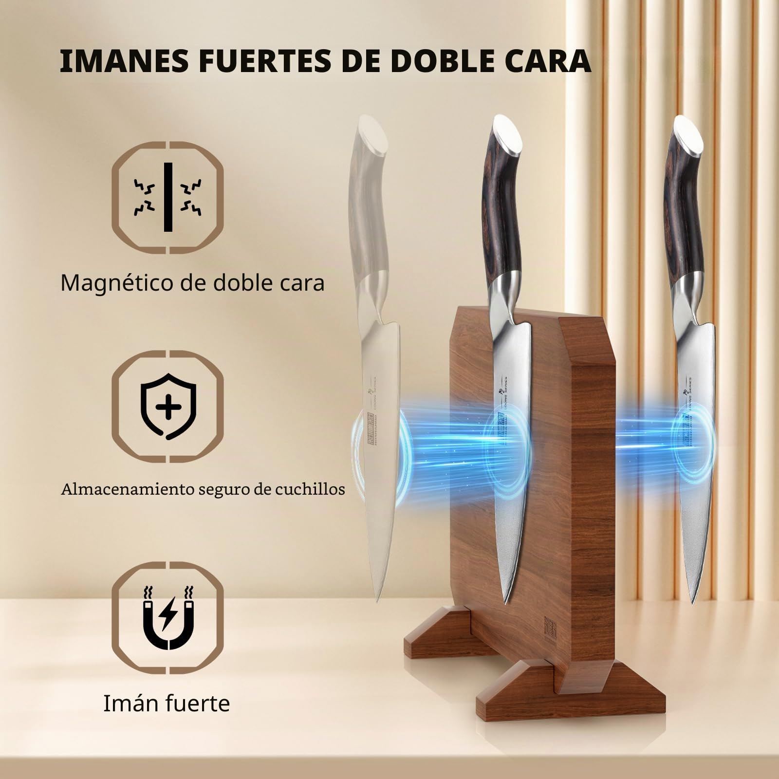 HOSHANHO Soporte Magnético Para Cuchillos de Doble Cara, Bloque para Cuchillos Magnético de Acacia, Multifuncional Soporte Iman Cuchillos, Base Magnética de Madera Cuchillos para Cocina