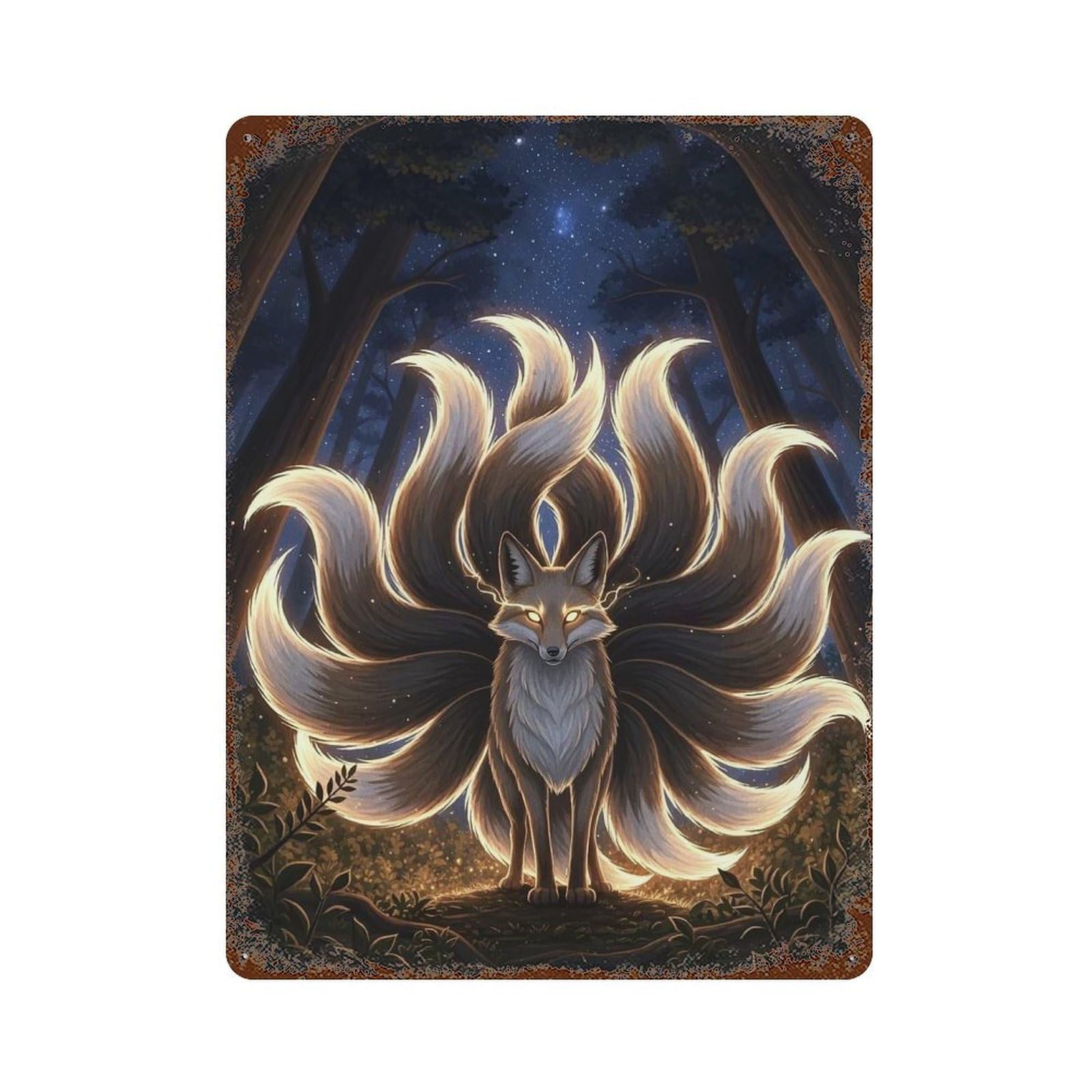 Nine-tailed Fox Enchanted Forest Vintage Metal Tin Sign 15.7"x11.8", Rustic Home Decor for Garage, Bar And Workshop Decor