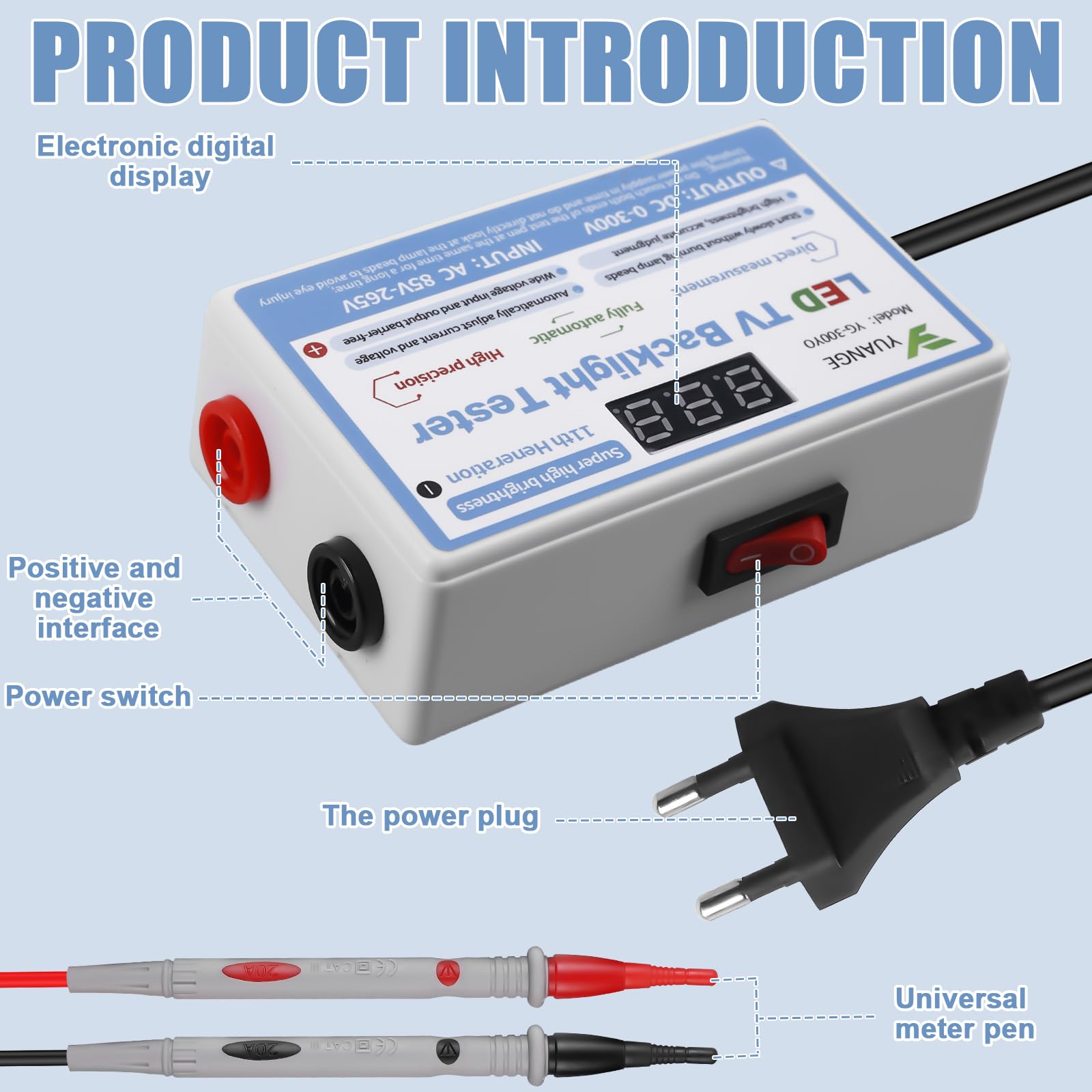 Tester LED retroilluminato LED con coppia di sonde di prova, tester di tensione e continuità, tester LED con perline, tester di circuito elettrico con interruttore, strumenti di misura