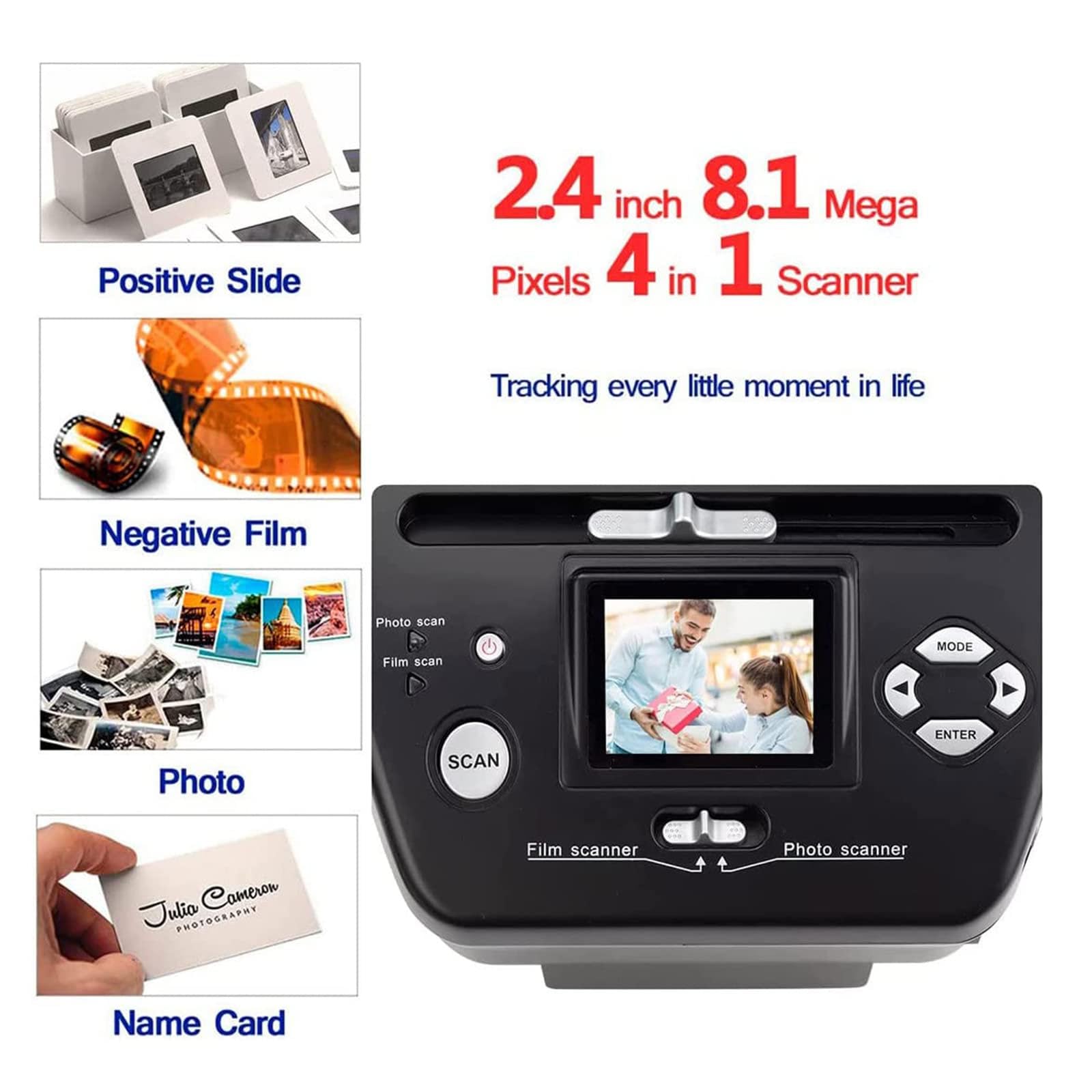 Scanner per Diapositive e Foto con Schermo LCD da 2,4", conversione di Negativi ad Alta risoluzione, Diapositive e Negativi a Colori e in Bianco e Nero da 35 mm/135, pellicole fotografiche