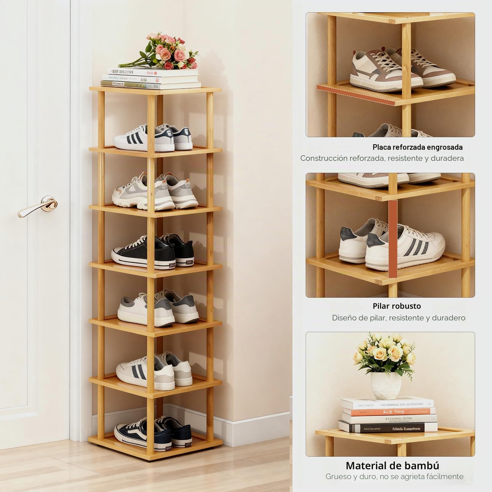 Aniston Zapatero de bambú de 7 niveles, zapatero vertical para espacios pequeños, organizador de zapatos alto y estrecho para garaje, armario, puerta, esquina, sala de estar, espacios pequeños