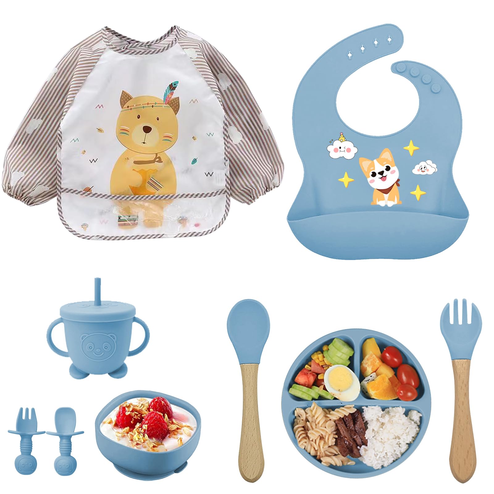 Ensemble repas bébé 9 pièces – Assiette et bol ventouse silicone, couverts, tasse d’apprentissage, bavoir & tablier manches longues – Set DME diversification alimentaire – anti-renversement, lave-vais