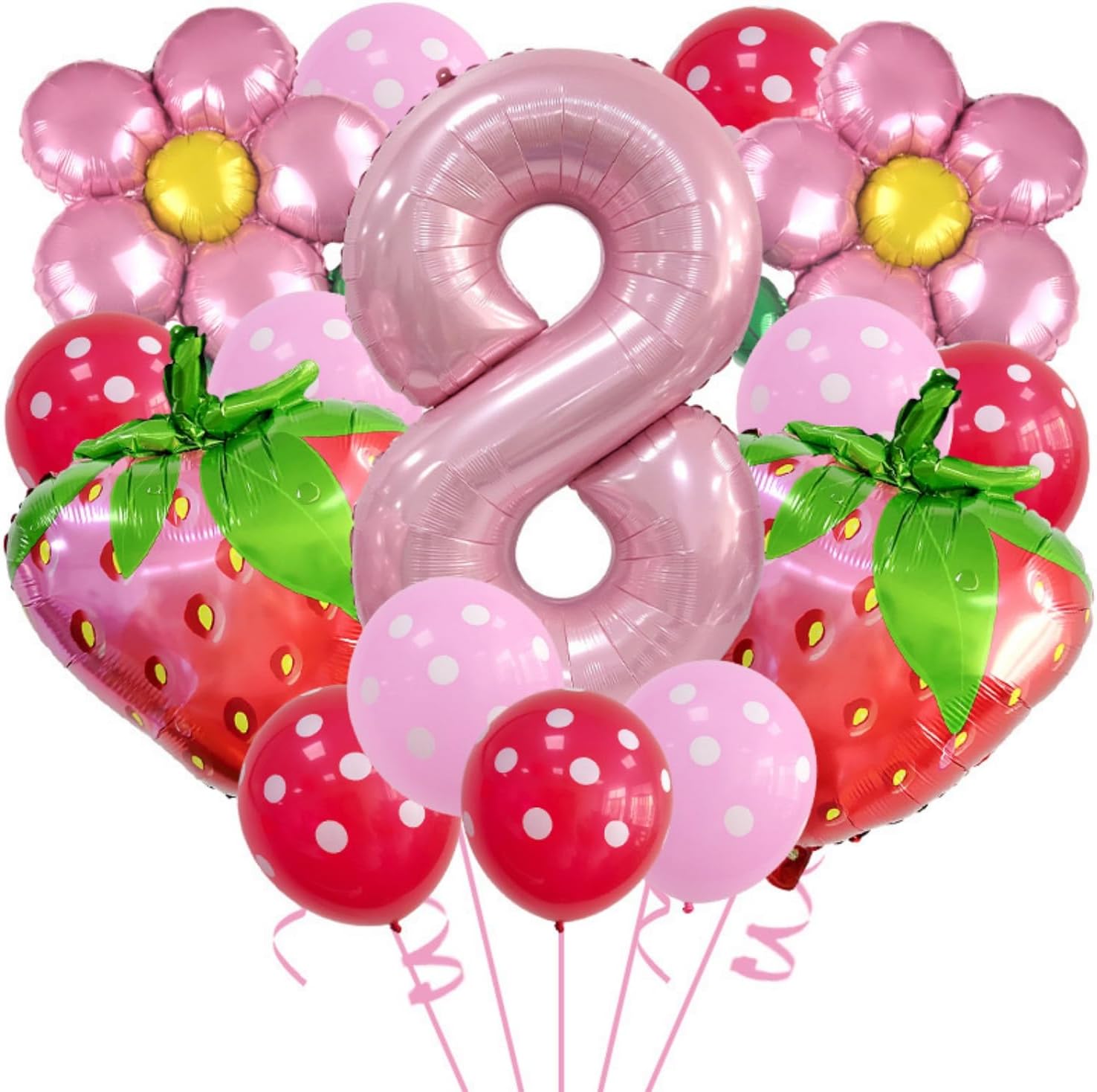Strawberry Party Decorations 32 inch Number 8 Balloons Pink 8th Birthday Decorations Pink Red Party Kit Supplies. (Pink 8)