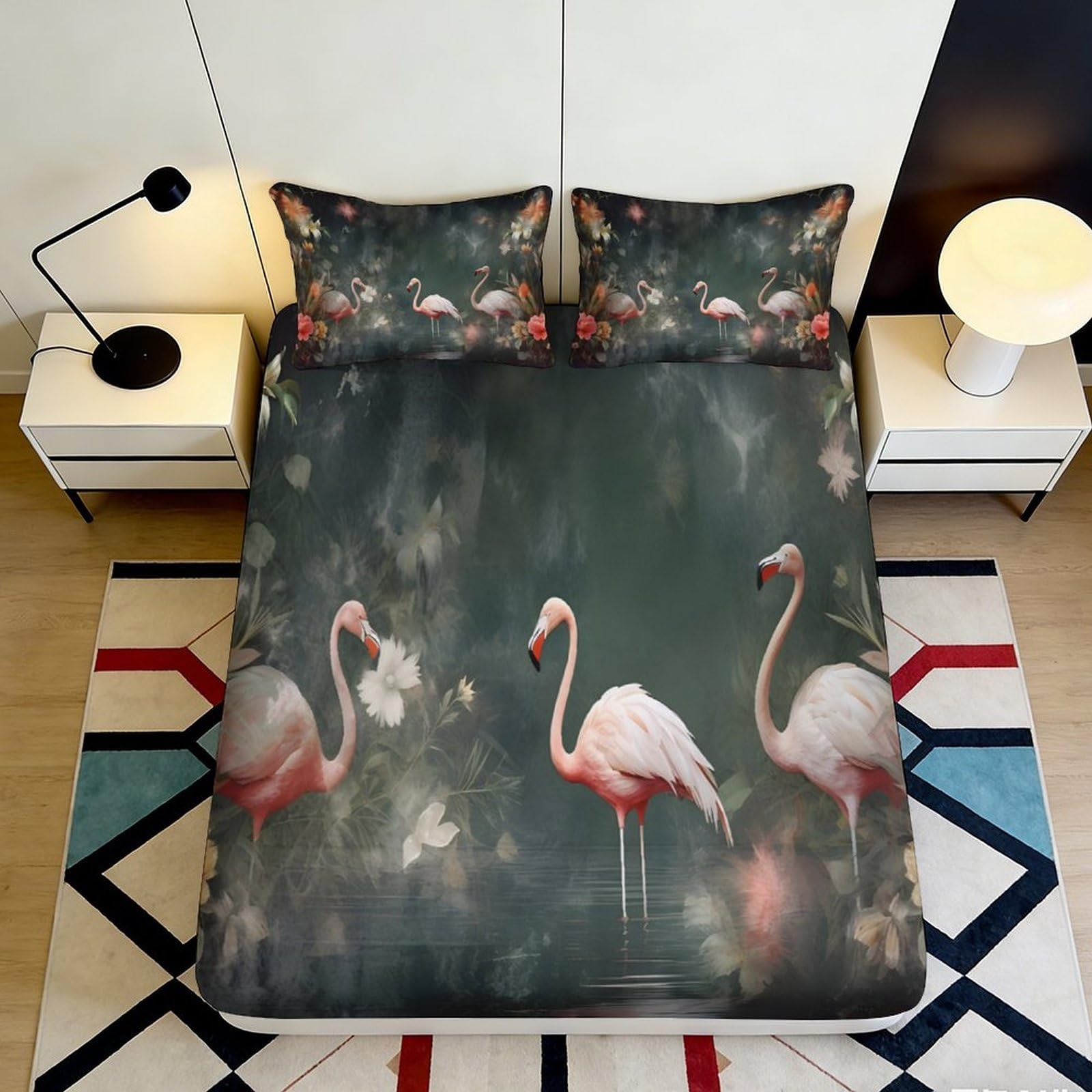 3D Printed Flamingo Fitted Sheet Microfiber Deep Pocket Bedroom Bedding Non-Slip Flamingo Mattress Fitted Cover for Adults 140x200x25cm
