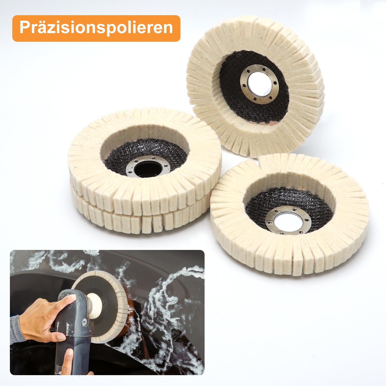 4 tarcze polerskie 125 mm, tarcze polerskie, filc wełniany, podkładki polerskie, nakładka polerska, szlifierka kątowa do szlifowania, polerowania, lakieru, drewna, plastiku, stali nierdzewnej