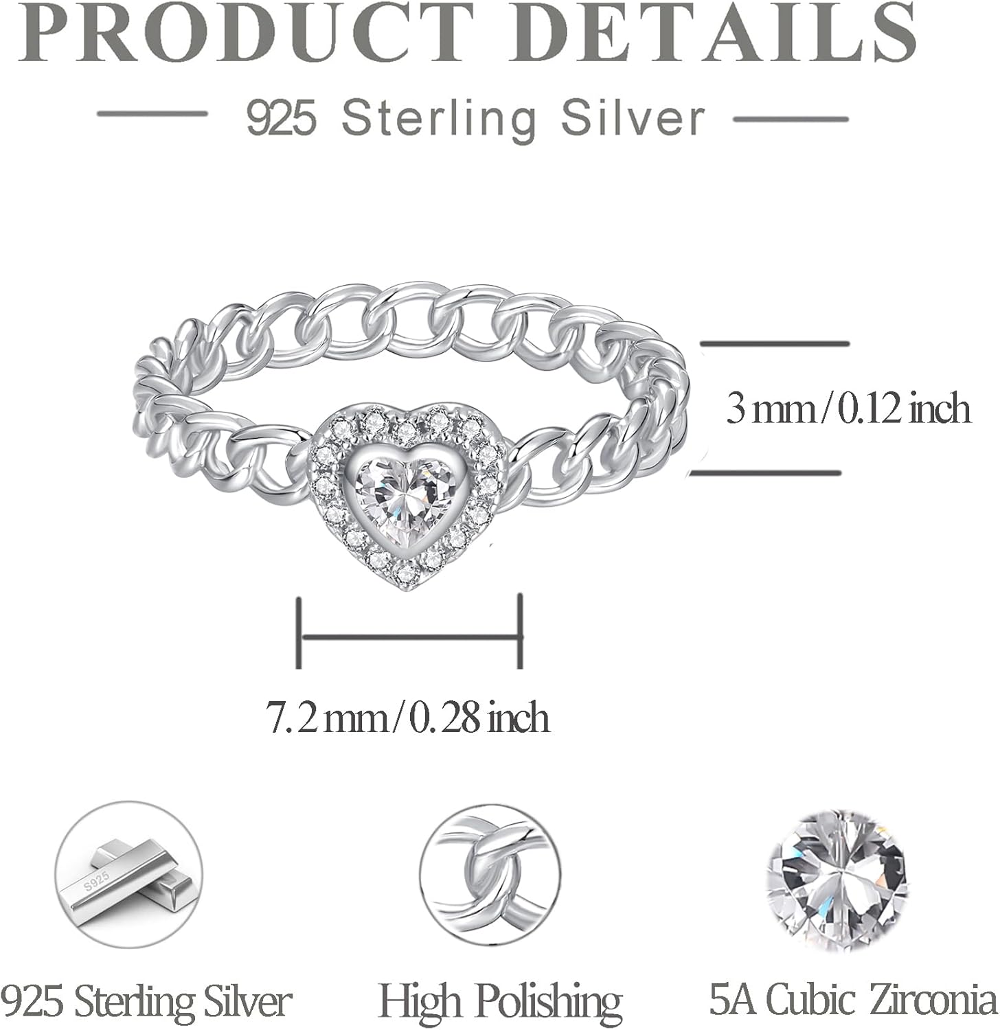 Heart Birthstone Cuban Link Rings for Women Teens - S925 Sterling Silver Chain Ring Size 4-10 for Sister Daughter Friends, Christmas Anniversary Birthday Dainty Gifts Jewelry for Loved One