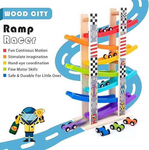 Miniatura 2 de Wood City Juguetes para niños de 1, 2 y 3 años, juego de vehículos de juguete de carreras de madera con 7 mini autos y pistas de carreras, juguetes
