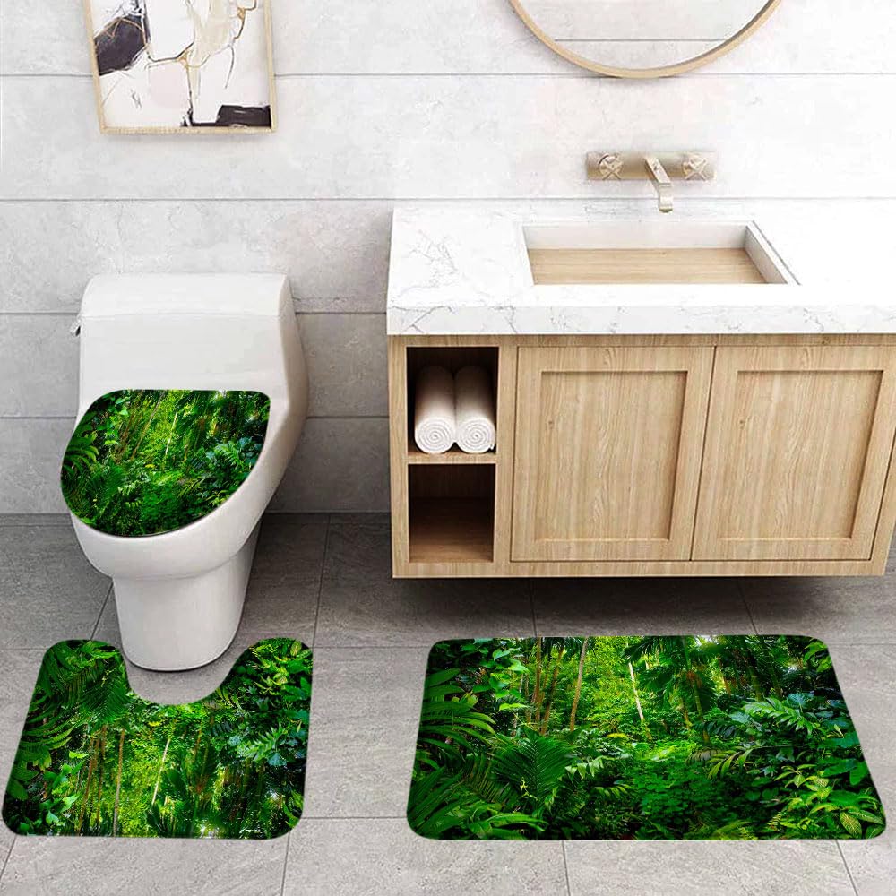 VPUPCN Tropical Rainforest 3 Pcs Bath Rugs Set,Green Palm Plnat Nature Jungle Landscape Lush Tree Forest Botanical Bathroom Kitchen Rug with 17.8