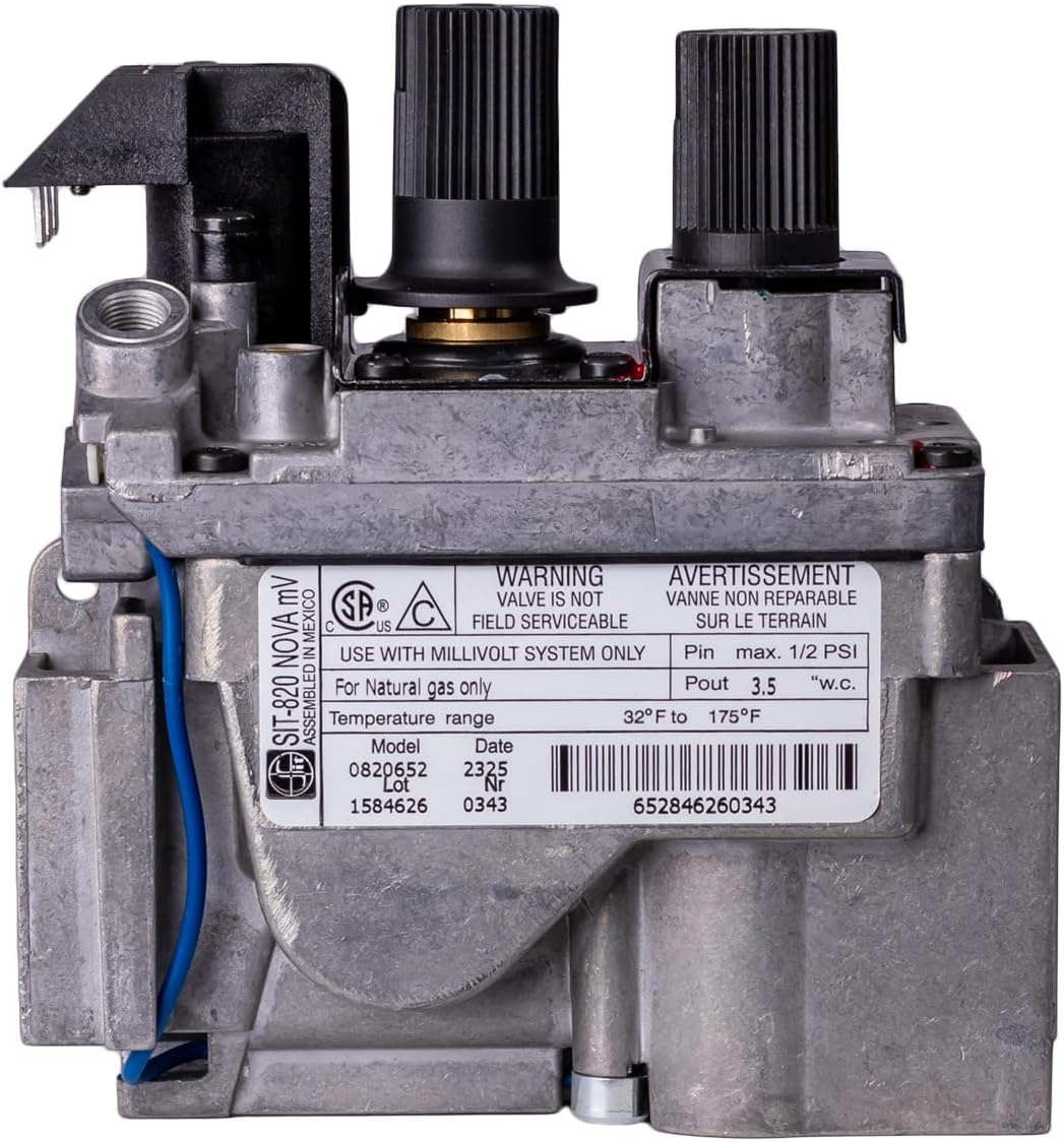 SIT-820 Nova Natural Gas mV Model 0820652 Replacement Millivolt Gas Valve for Fireplaces, Stoves, and Gas Logs - Replacement OEM components for Direct Vent Appliances