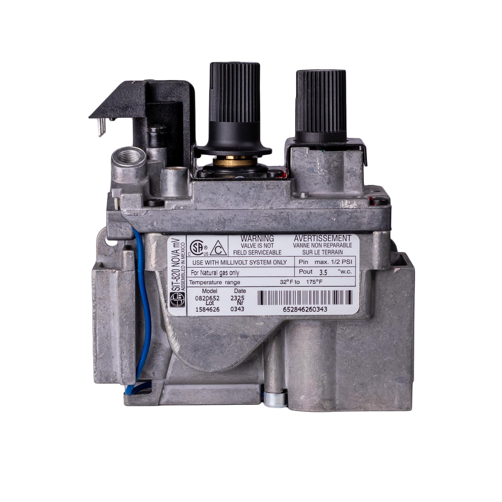 SIT-820 Nova Natural Gas mV Model 0820652 Replacement Millivolt Gas Valve for Fireplaces, Stoves, and Gas Logs - Replacement OEM components for Direct Vent Appliances