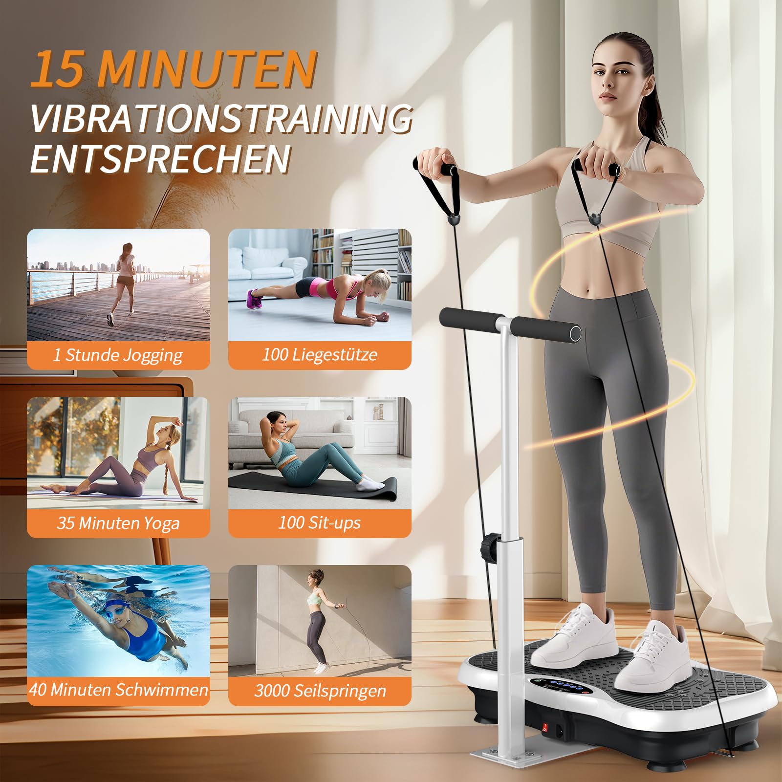 Vibration Plate, Vibration Board mit Haltestange, Griff, Bluetooth-Lautsprecher, Fernbedienung und Spannseil Rüttelplatte Sport für Zuhause, Vibrationsplatte für Frauen Ganzkörpertraining