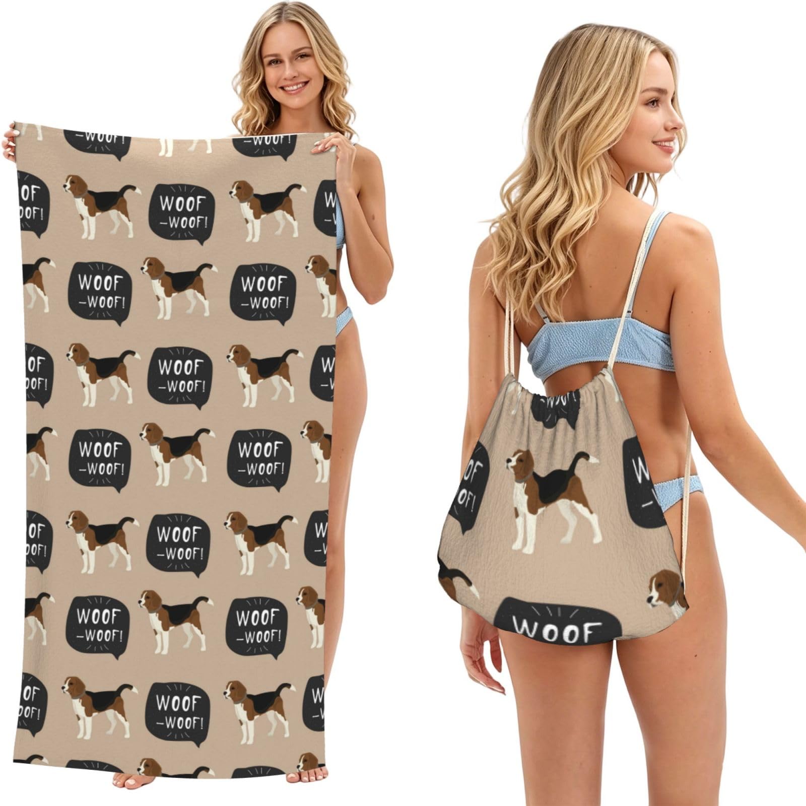 Poadnly As Picture Woof Beagle, 2 In 1 Packable Towel Bag, Beach Towels With Drawstring Backpack For Travel Holiday Camping