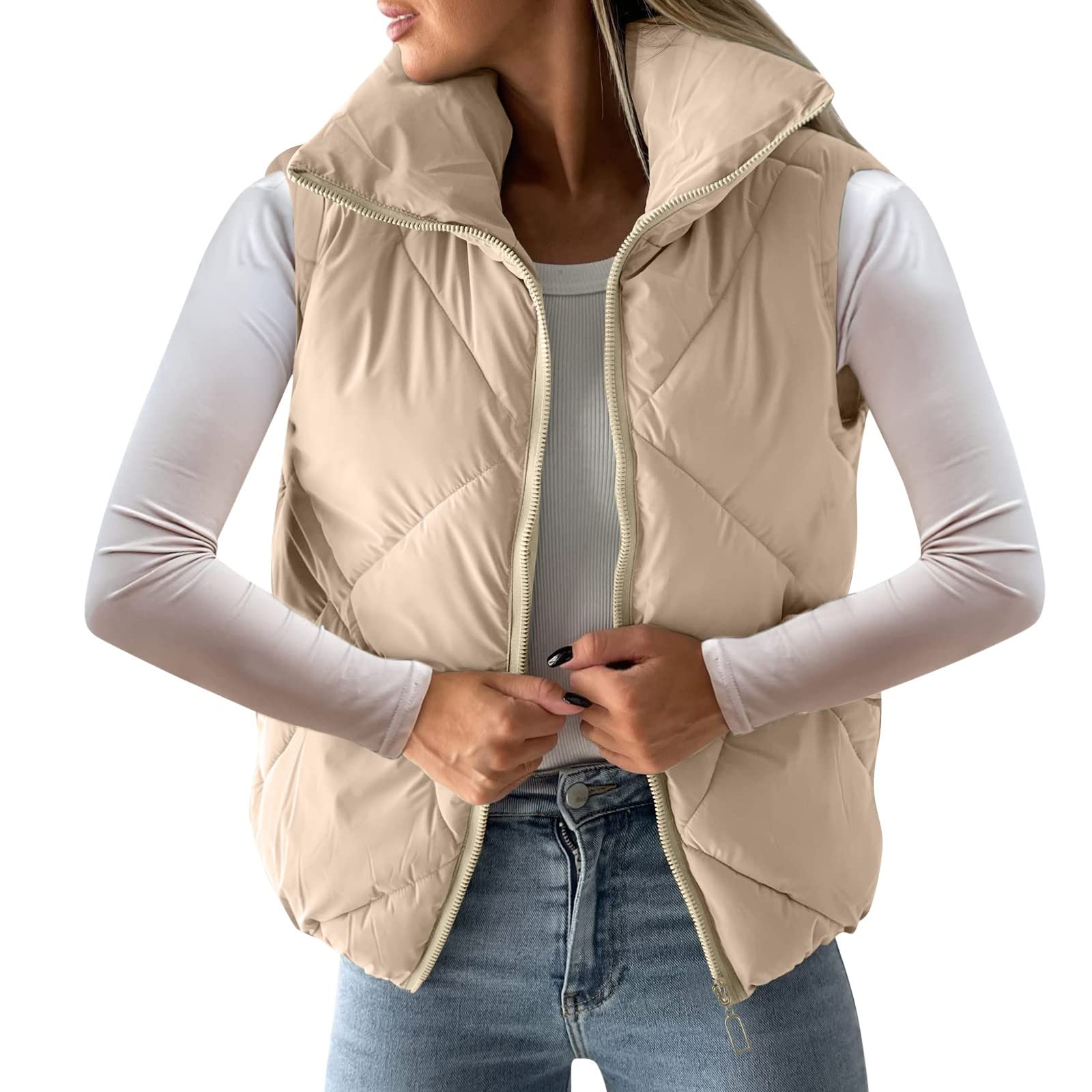 Utility Jacket Women Women's Pockets Full Zip Long Sleeve Quilted Jacket  Short Bubble Vest Coats Hip Length Sweaters Women