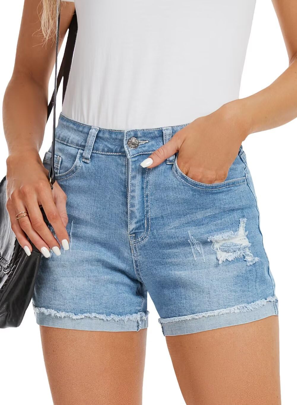 FEKOAFE 2026 Womens Casual Mid/High Waisted Denim Shorts Summer Stretchy Ripped Jean Shorts for Women - Image 3