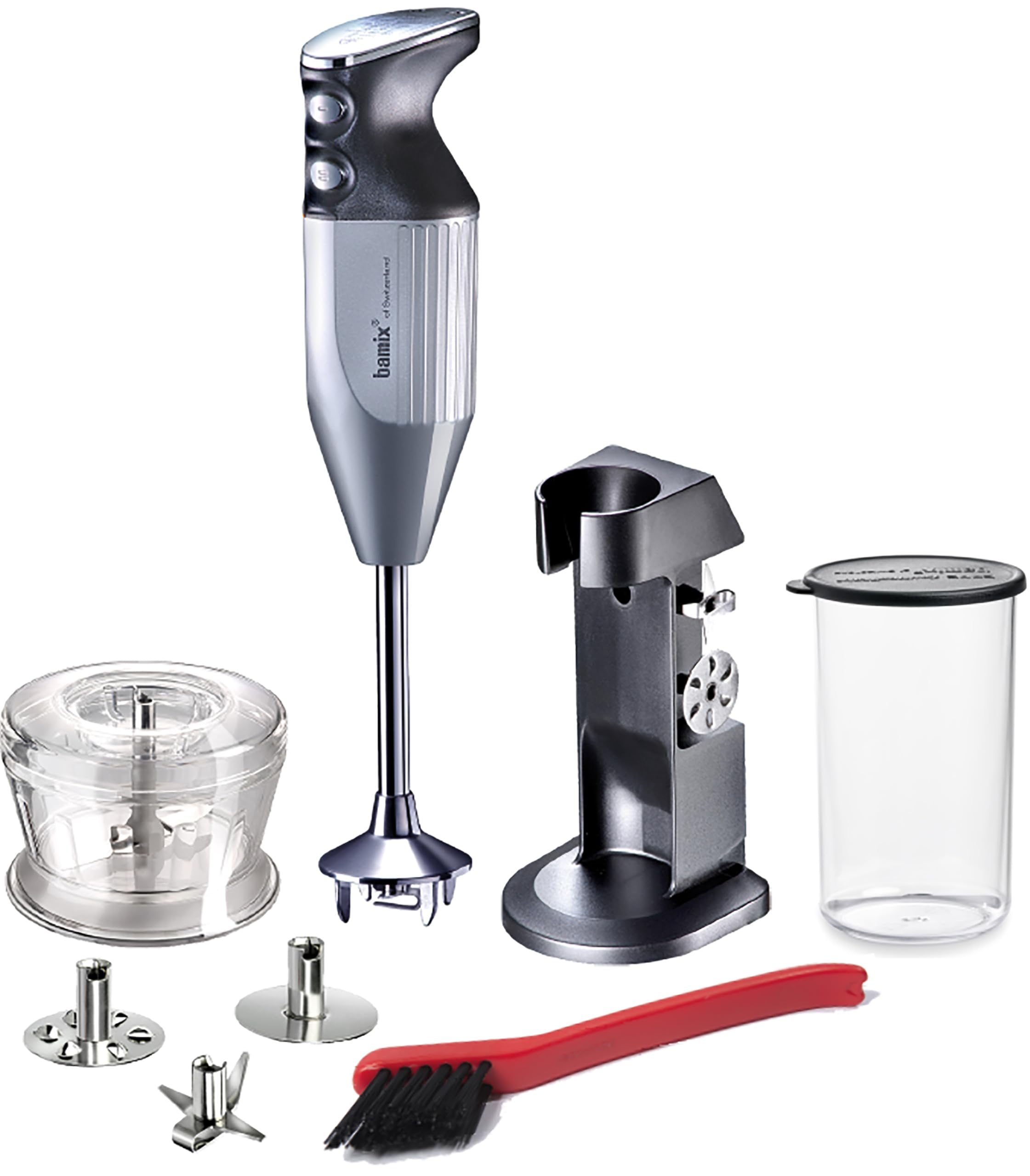 bamix Zestaw blendera ręcznego M200 Chef's Favorite ze stojakiem, 1 kubkiem, 3 końcówkami, hakerem, szczotką do czyszczenia, 200 W, wyprodukowano w Szwajcarii, srebrna powłoka/chrom