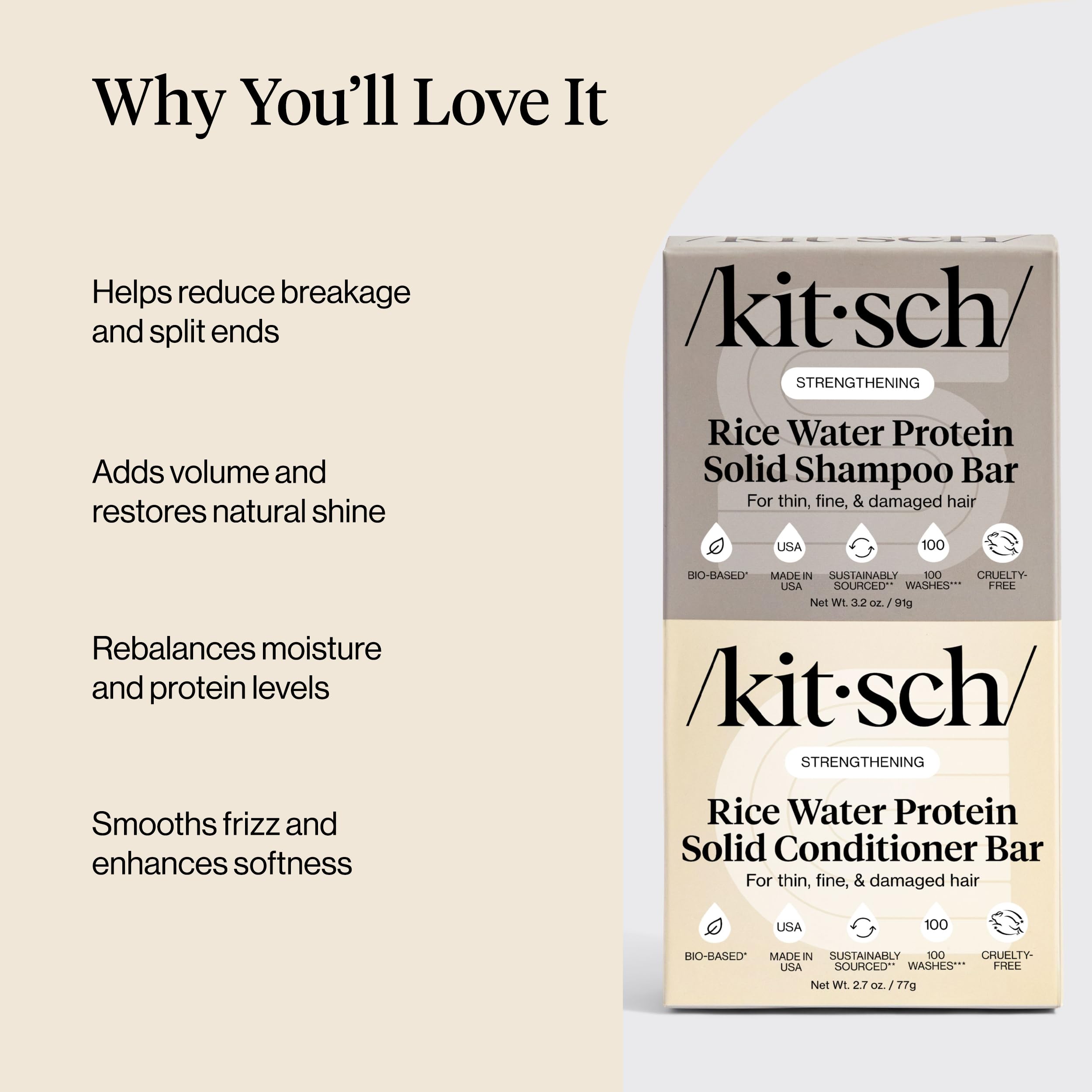 Kitsch Rice Water Protein Solid Shampoo and Conditioner Set for Hair Growth – Strengthening Hair Care Duo w/Rice Protein & Vitamins for Damage Repair – Paraben, Sulfate & Silicone Free, Made in USA