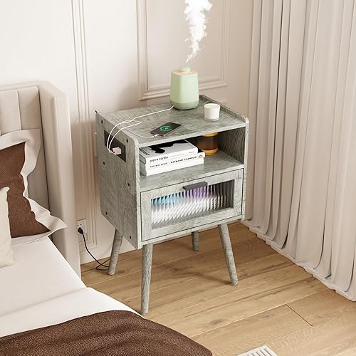 Miniatura 49 de Mesita de noche moderna de mediados de siglo con estación de carga, mesitas de noche con puerta de cristal, mesa auxiliar con espacio de Gris