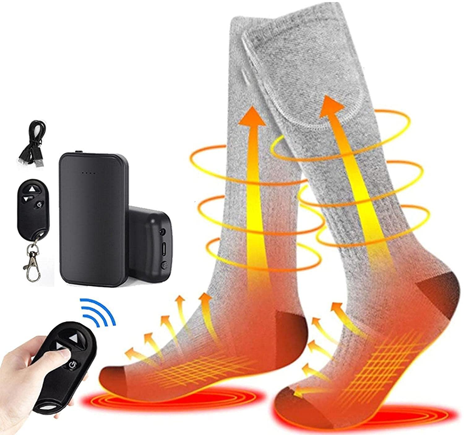 Chaussettes chauffantes avec télécommande, Chaussettes électriques Rechargeables à Piles, 3 réglages de Chauffage Chaussettes Thermiques pour Homme Femme par Temps Froid Hiver Chasse Ski