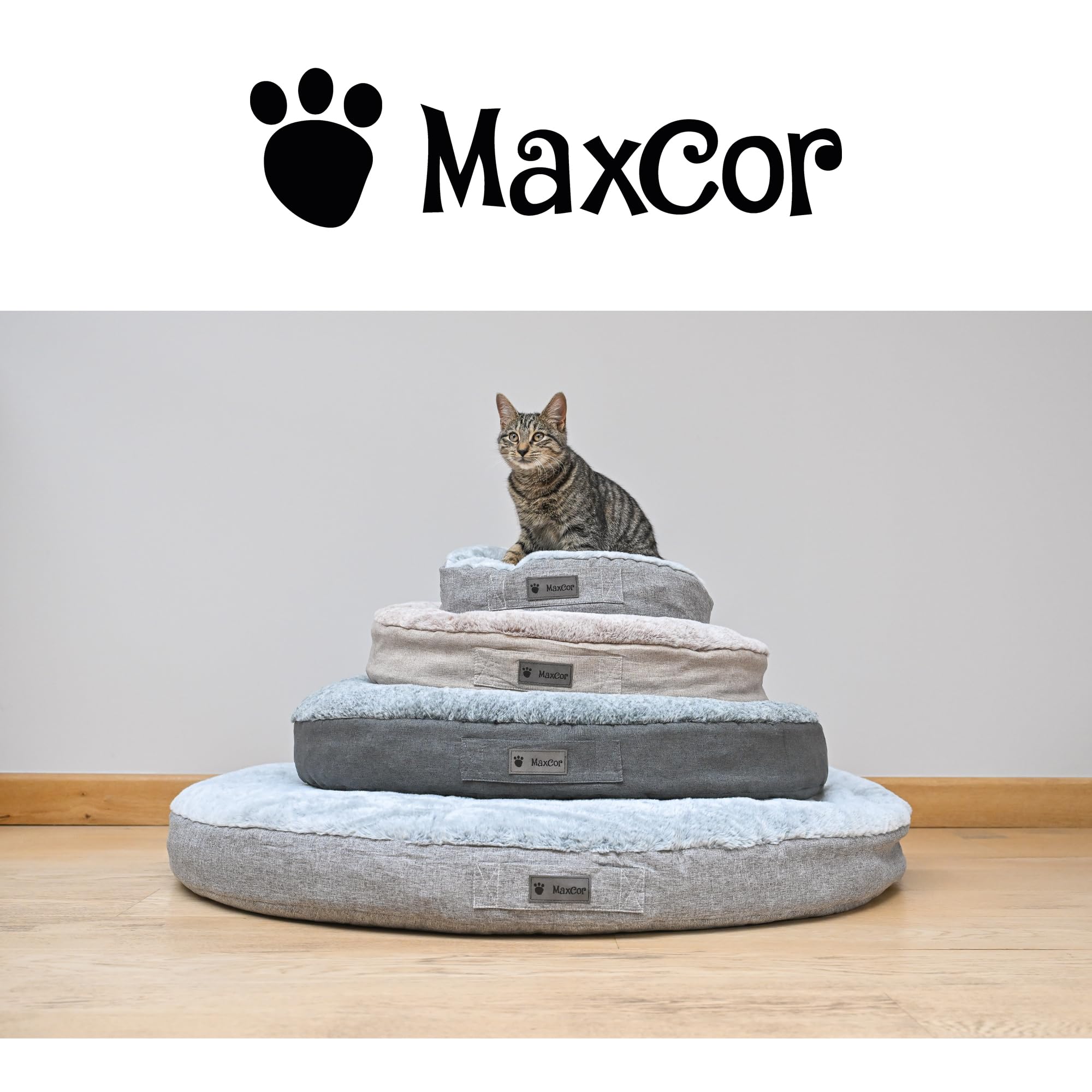 MaxCor Coussin Chien et Chat Rond à Mémoire de Forme Orthopédique - Petit Beige - Soulage et Préserve Les articulations - Réversible Face Hiver, Face été - Ne se déforme Pas et Lavable en Machine