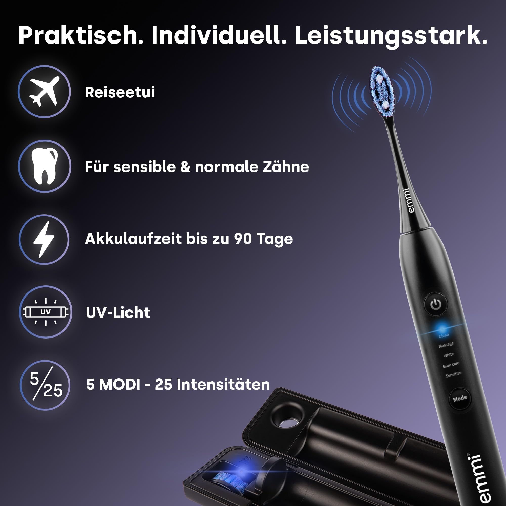 emmi Sonic Flex Schallzahnbürste – elektrische Zahnbürste mit 5 Modi & 25 Intensitätsstufen, UV-Reiseetui, kabelloses Laden & USB-C, bis zu 90 Tage Akku, inkl. 2 Aufsteckbürsten