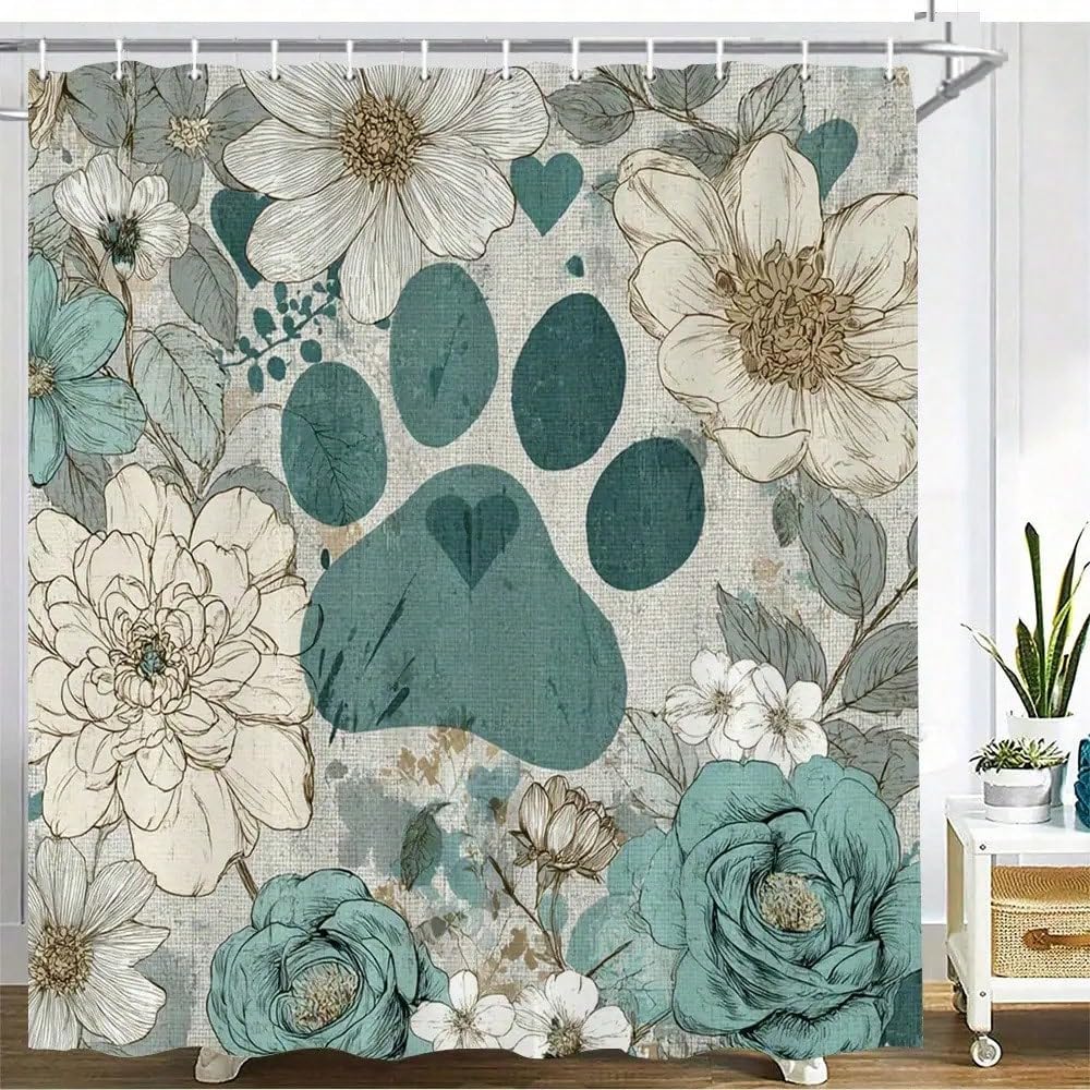 GLKSDLPO Teal Paw Print Shower Curtain Elegant Floral Design Bathroom Decoration 3d Digital Painting Bathroom Curtain(180x220cm/71x87in(WxH)