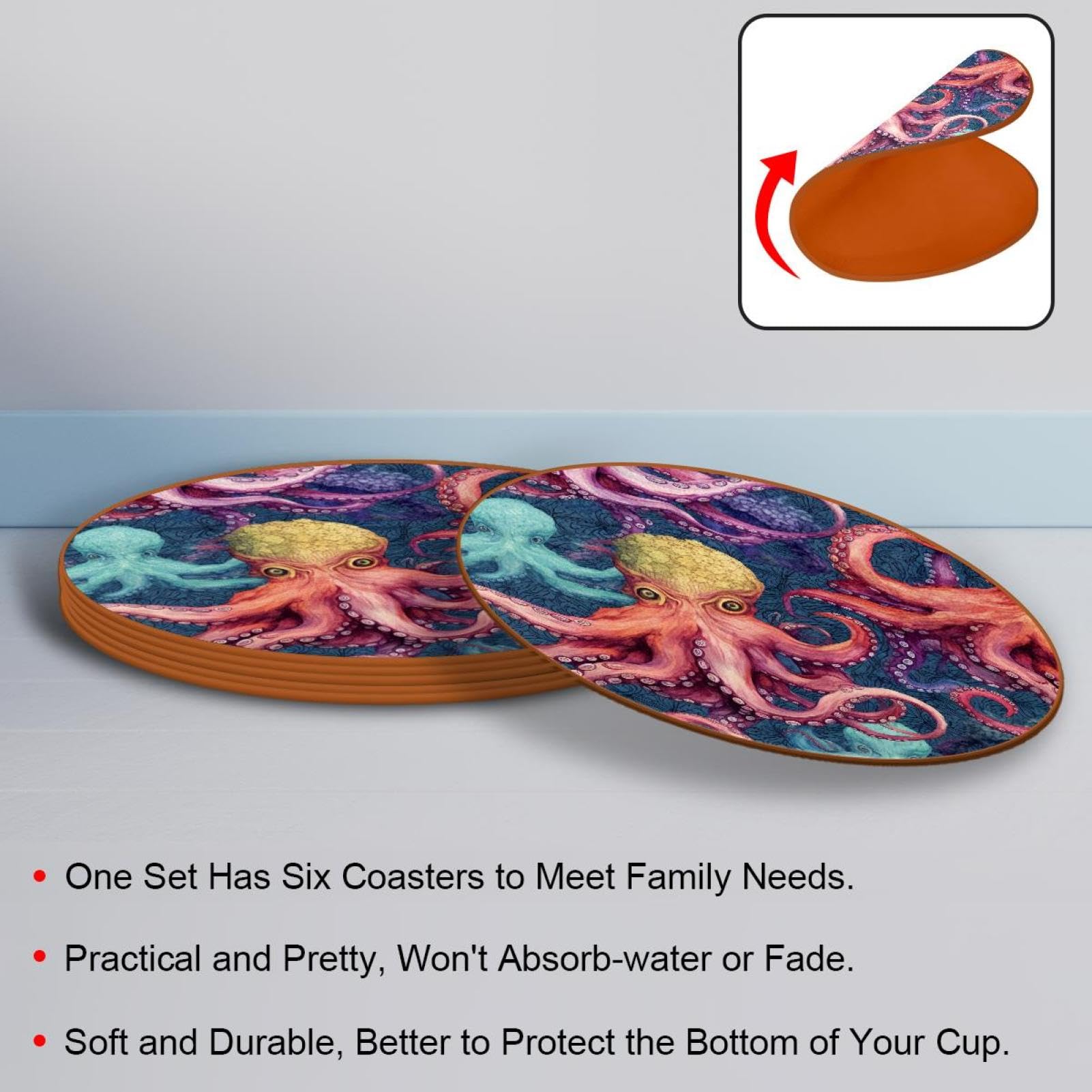 Cartoon-Ozean-Oktopus-Untersetzer für Getränke, 6 Stück, Tisch-Schutzmatte für Weingläser, Tassen und Tassen, wiederverwendbar im Büro, Küche, Bar, 10,9 cm