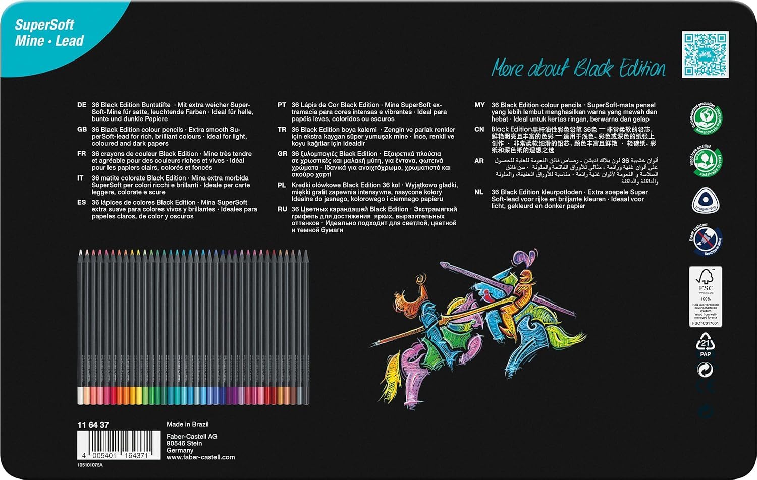 Faber-Castell Black Edition 36 Matite Colorate, Astuccio in Metallo, Resistenti, Impugnatura Ergonomica
