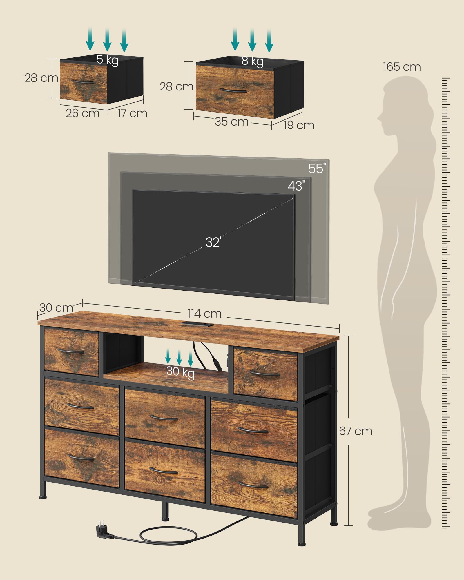 SONGMICS Komoda z 8 Szufladami, Szafka RTV z Oświetleniem LED i Stacją Ładującą, Otwarta Półka, Stalowa Rama, do Sypialni, Salonu, 113,8 x 30 x 68,1 cm, Rustykalny brąz, Kolekcja Bellah LGS433KD02
