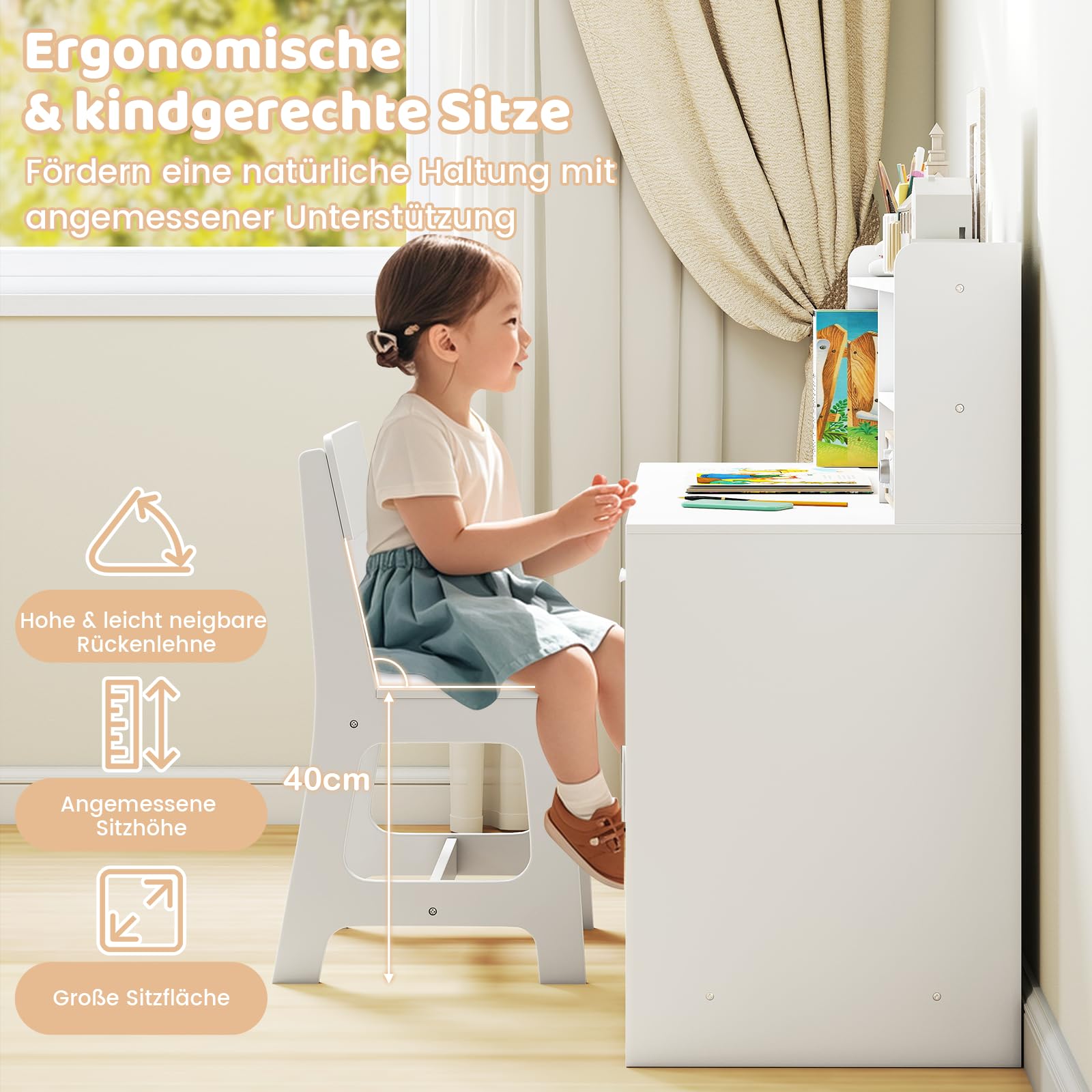 DREAMADE Schreibtisch Kinder mit Stuhl, Schülerschreibtisch aus Holz mit Schublade & offener Ablagefächer & Regal & Pinnwand, Jugendschreibtisch Schreibtischsets für Kinder ab 3 Jahren (Weiß)