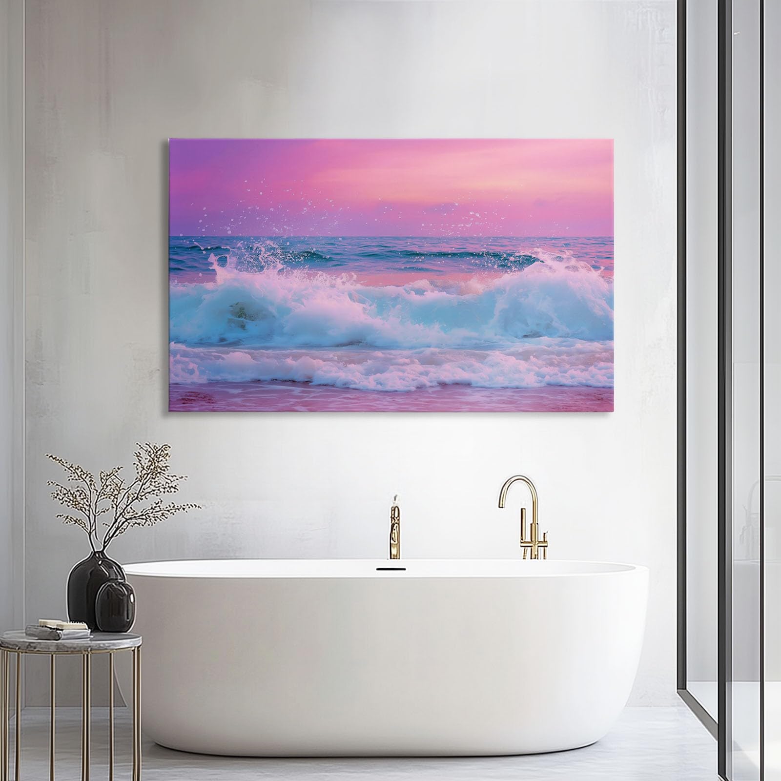 Generisch Leinwandbild Sonnenuntergang Meer Wellen 90x60cm Wandbild Kunstdruck auf Leinwand, Modern Wanddeko Bilder für Wohnzimmer Schlafzimmer Flur Büro Esszimmer Dekoration