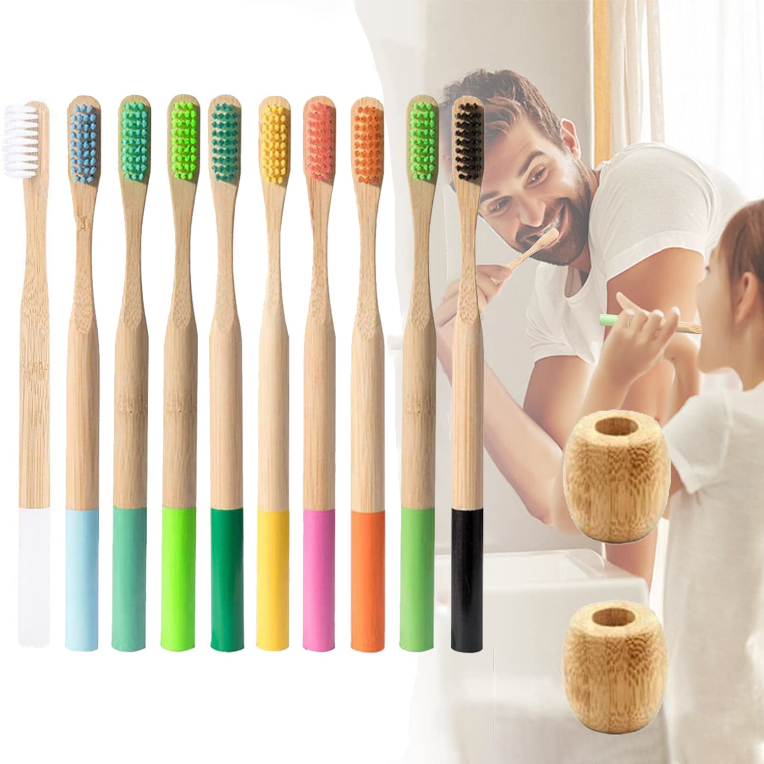 10Pack Bamboo Toothbrushes Set Natural Wood Toothbrushes with 2pcs Toothbrush Holder Stand | BPA Free Soft Bristles | Natural Eco-Friendly Biodegradable Charcoal Wood Tooth Brushes (Random Color)