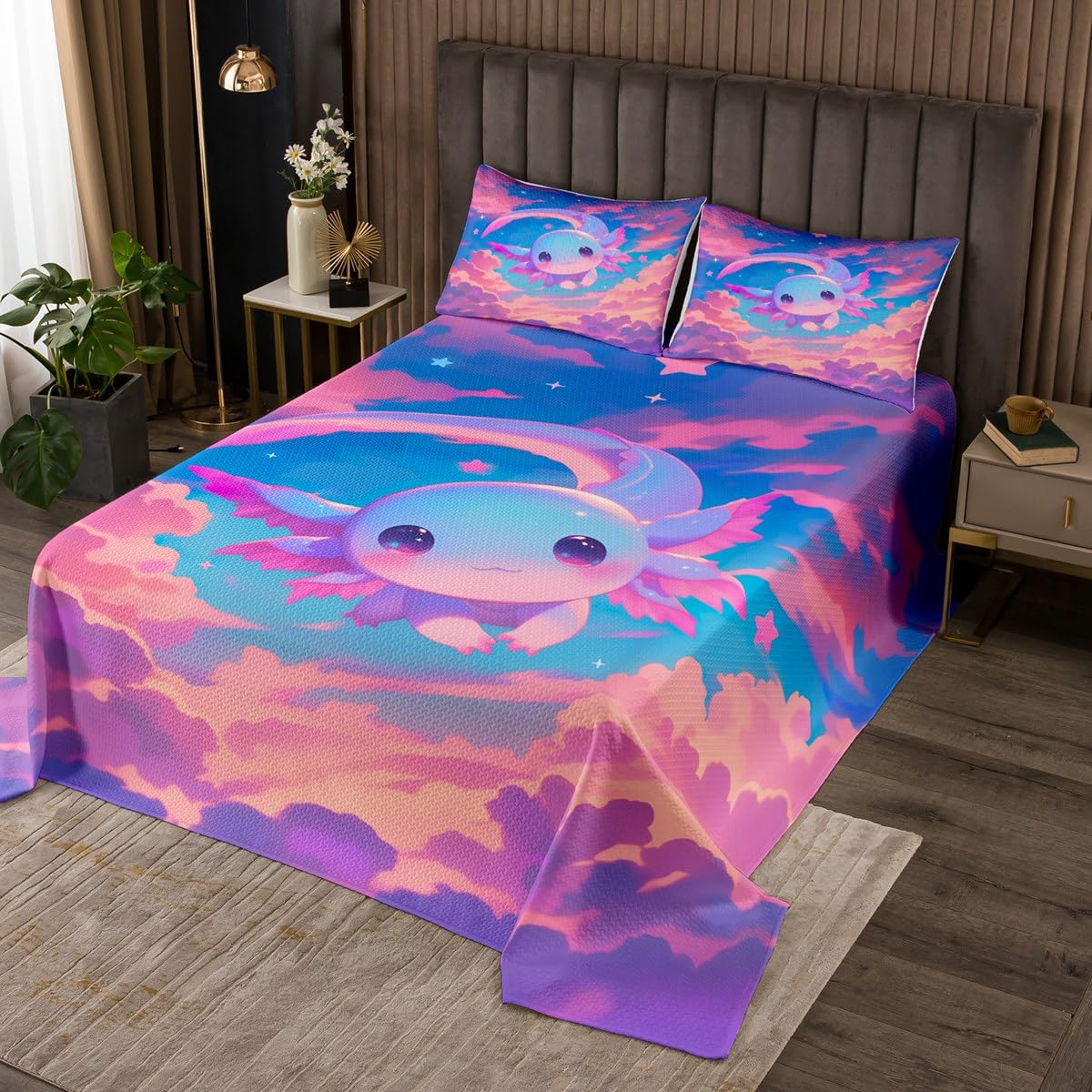 jejeloiu Cartoon Axolotl Bedspread Kawaii Axolotl Bedspread for Kids Boys Girls 3D Animals Theme Coverlet Set Salamander Quilted Bedroom Collection 3Pcs King Size