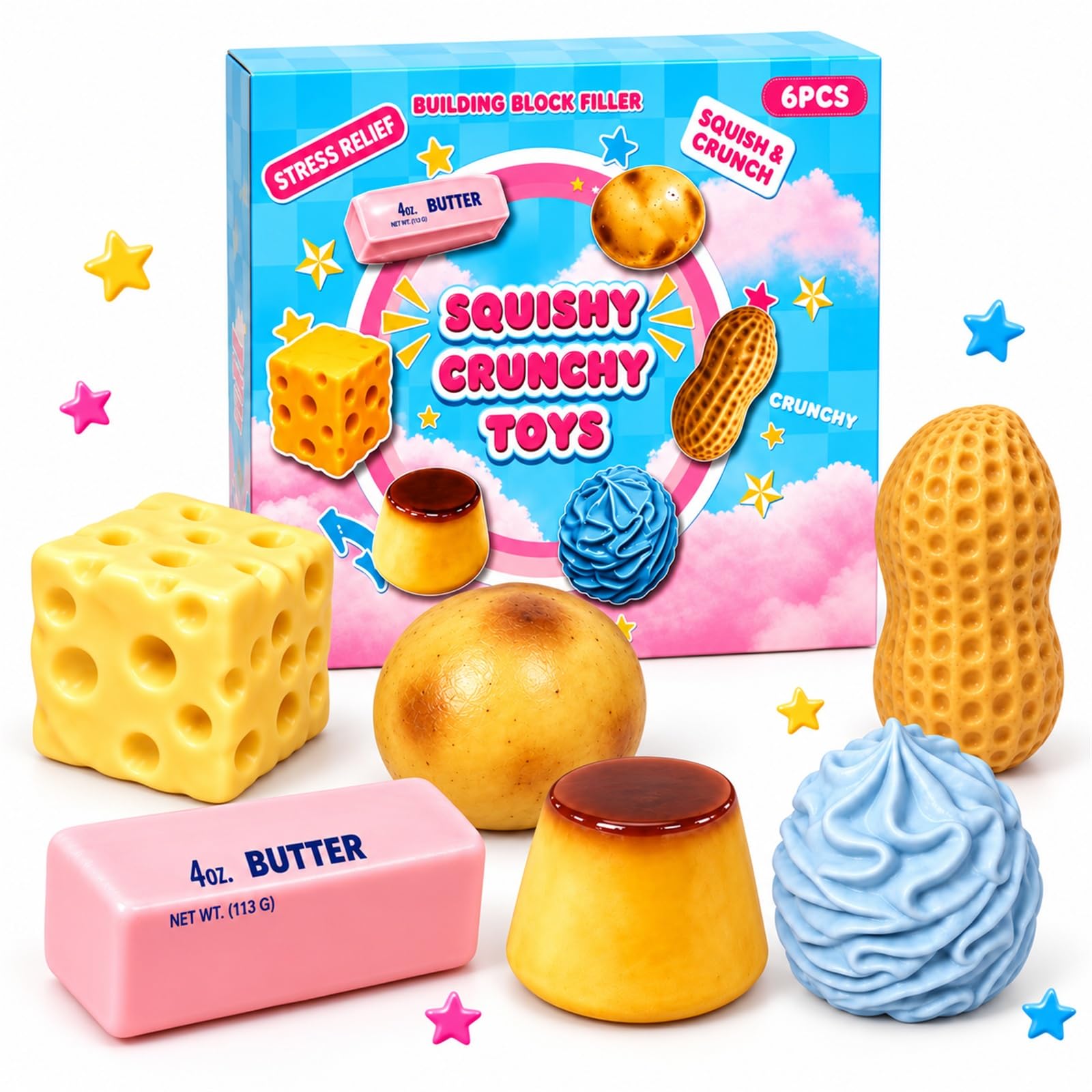 6-Piece Crunchy ASMR Food Squishy Toy Set, Blue Box