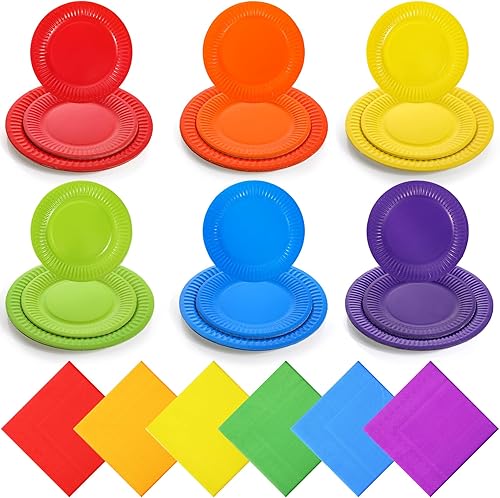 Juego de 180 platos y servilletas de papel arcoíris para 60 invitados, vajilla de fiesta de neón arcoíris para orgullo gay y suministros de